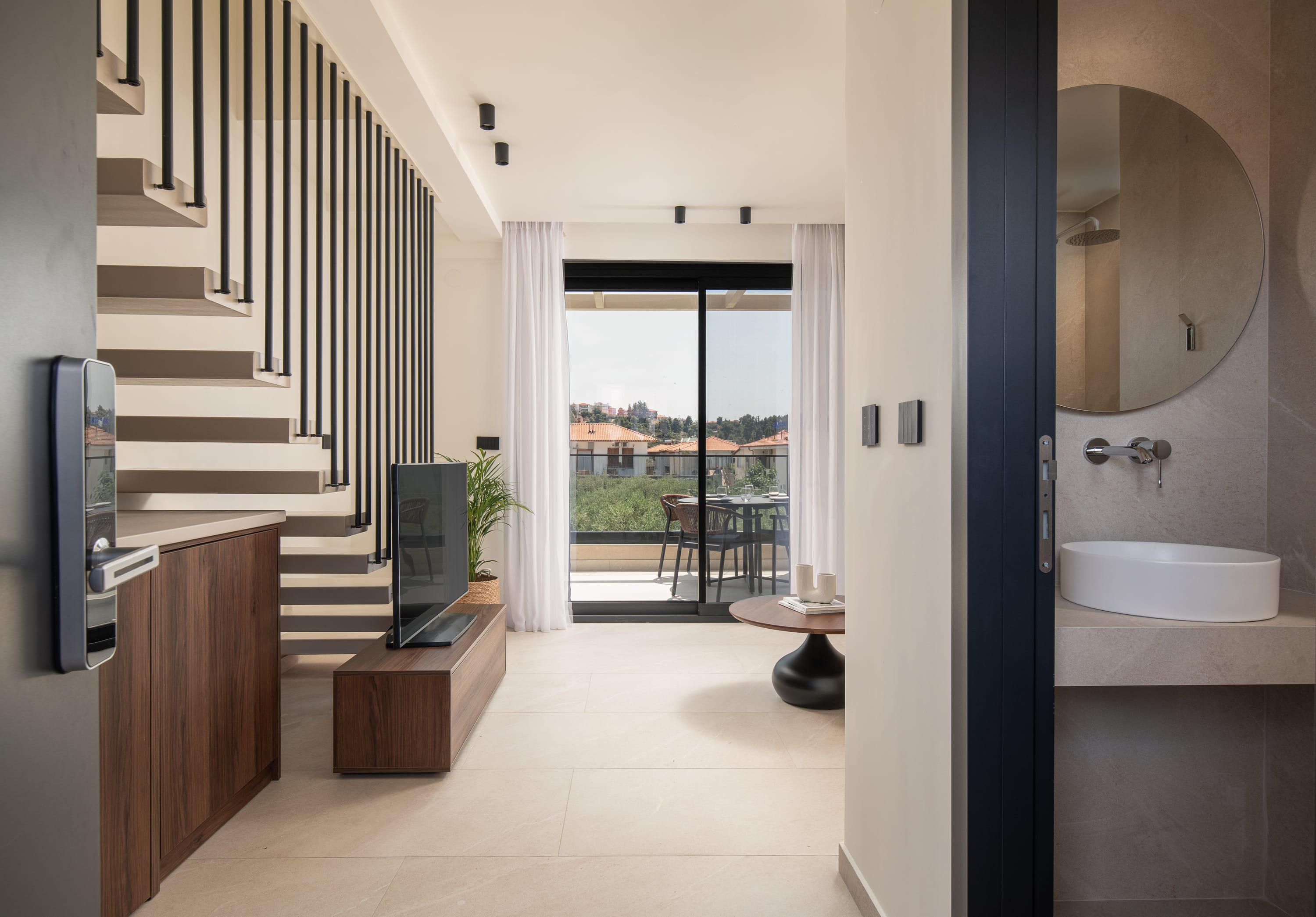 a bathroom with a large mirror