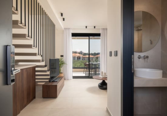 a bathroom with a large mirror