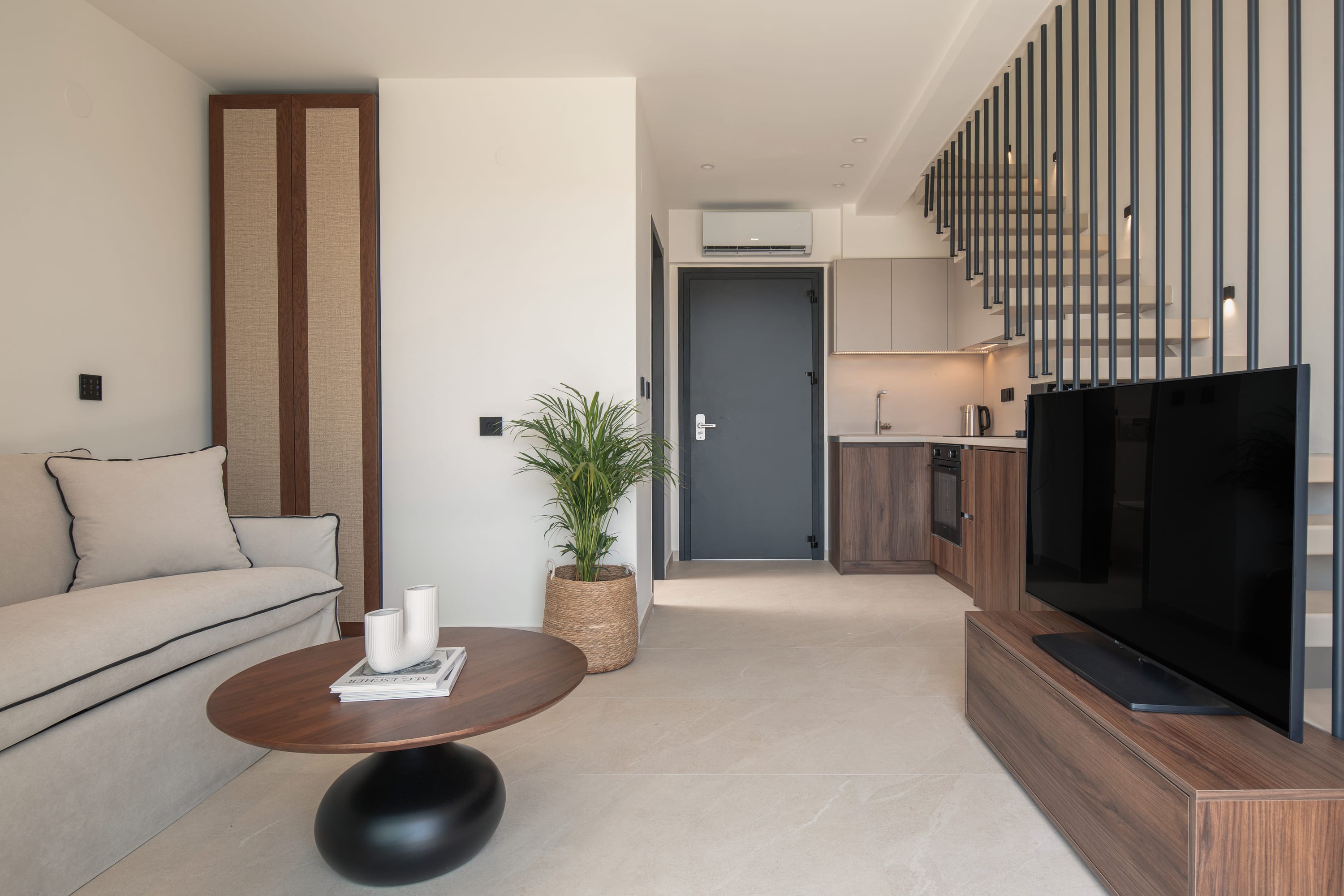 a living room with a fireplace