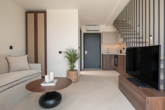 a living room with a fireplace