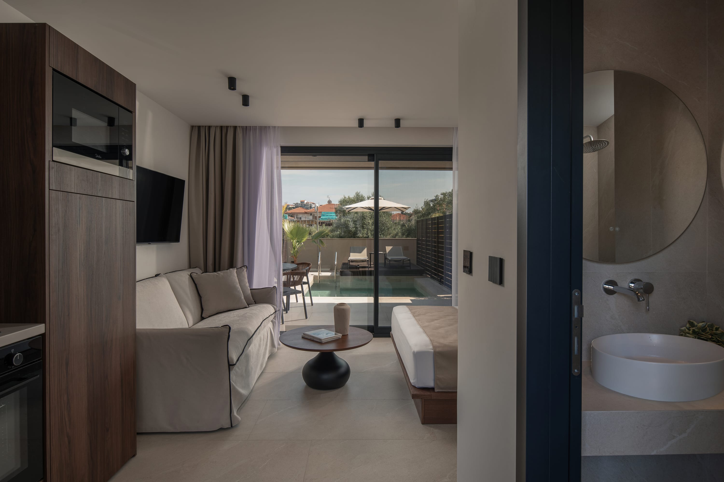 a bathroom with a large glass door