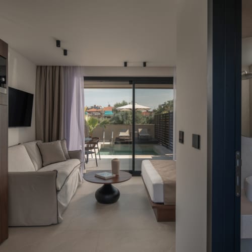 a bathroom with a large glass door