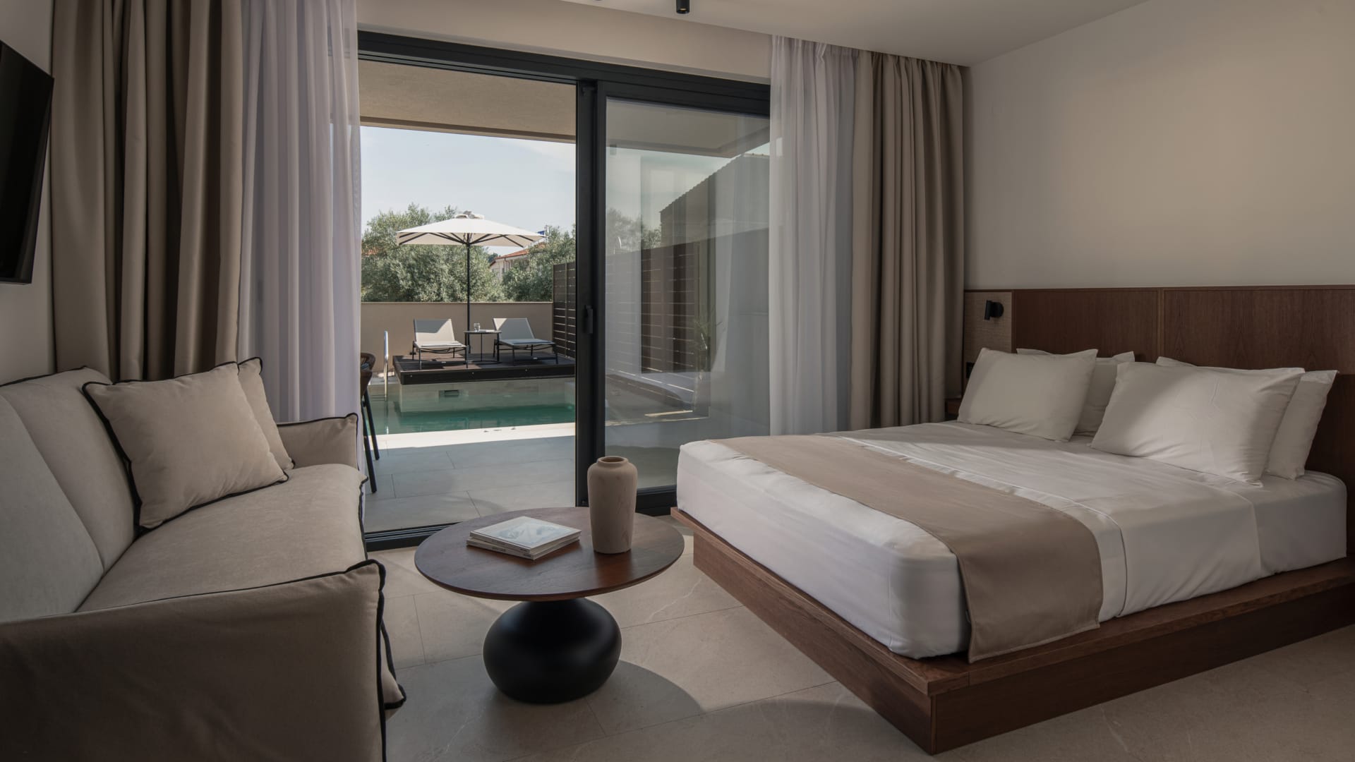 a room with a large glass door