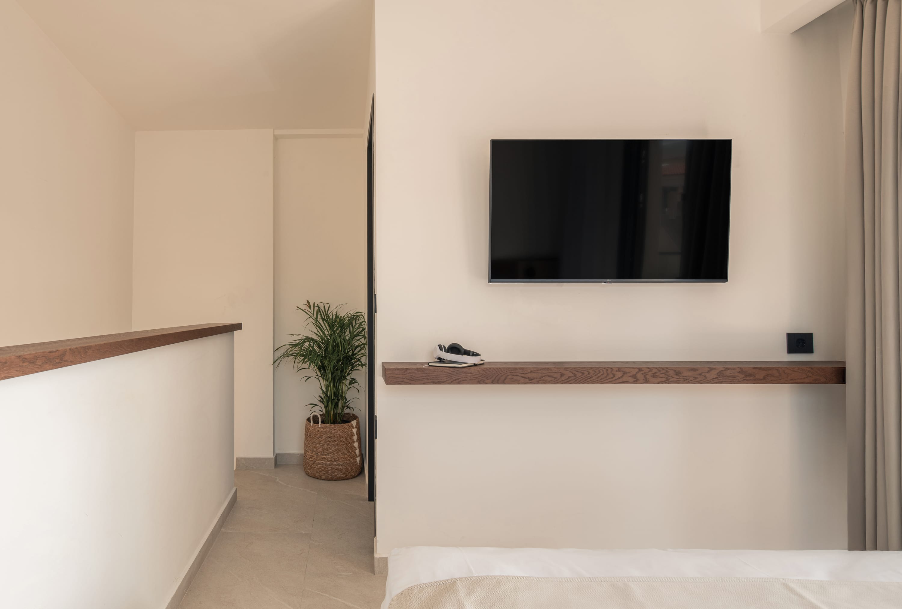 a room with a tv and a plant