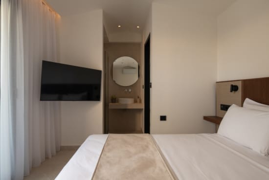 a room with a bed and a tv