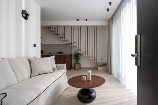 a room with a couch and a table