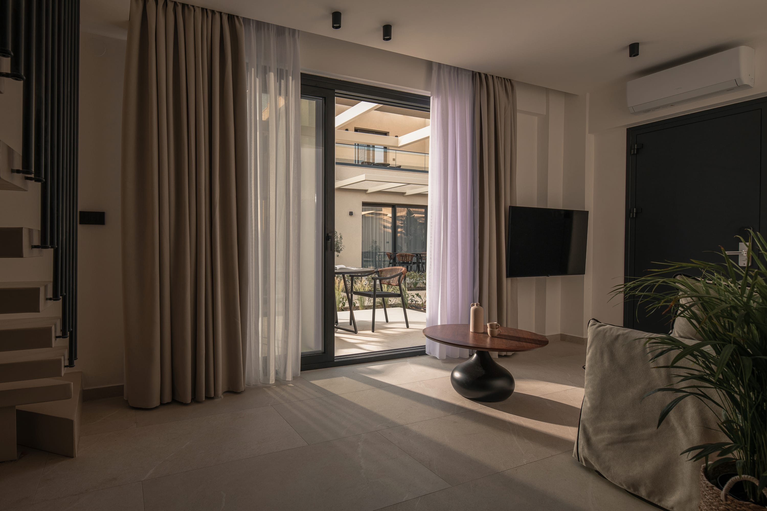 a living room with a large window