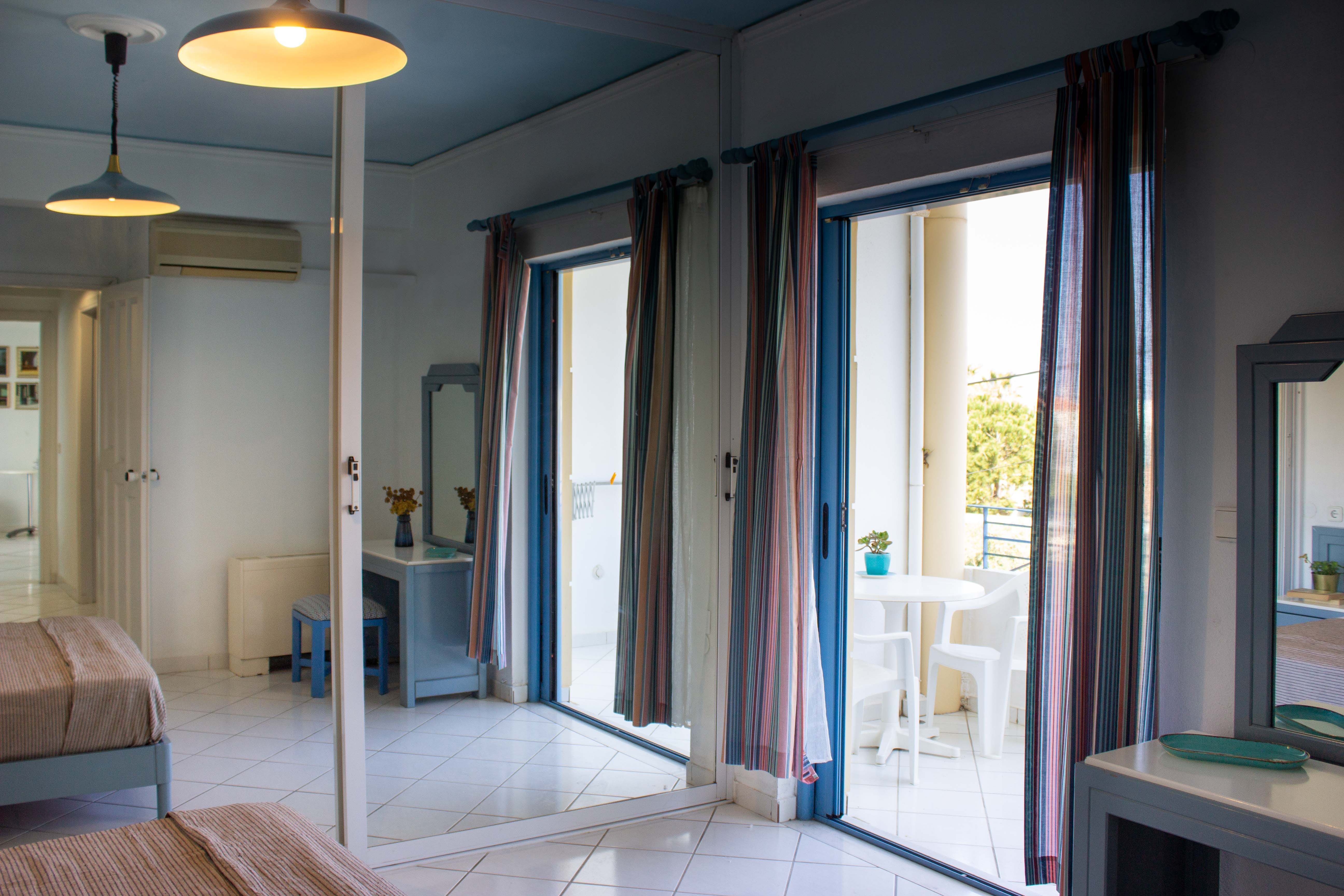 a room with a large glass door