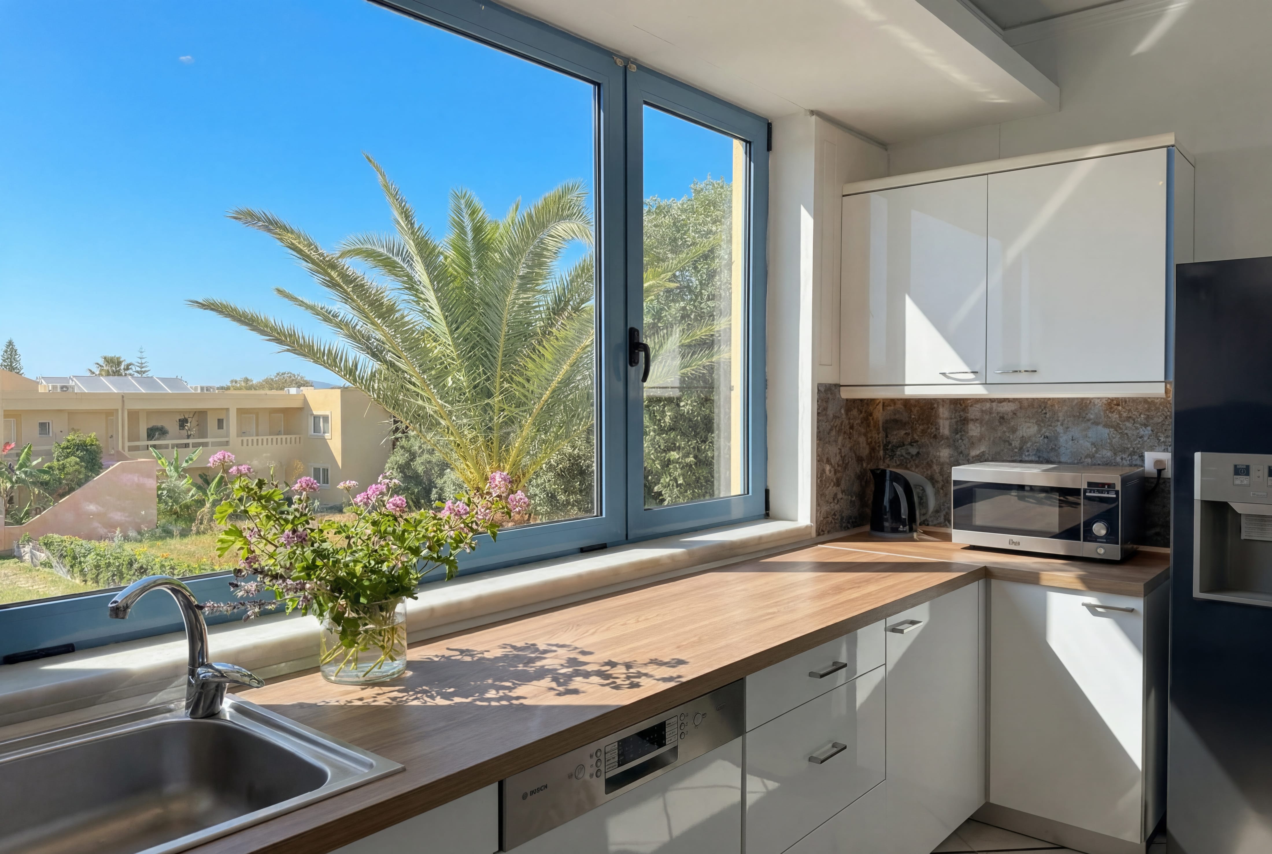 a kitchen with a window and a plant