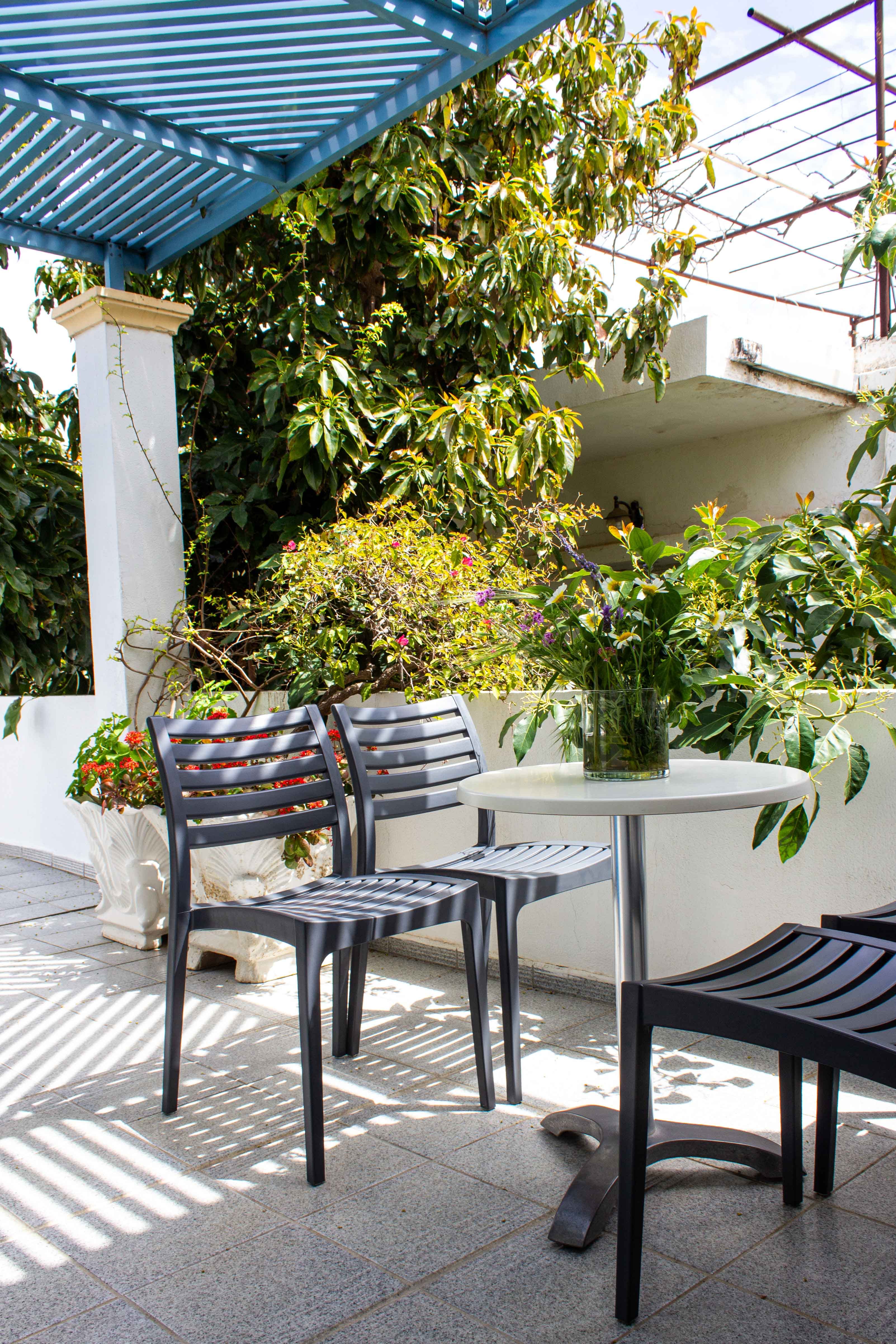 a table and chairs outside