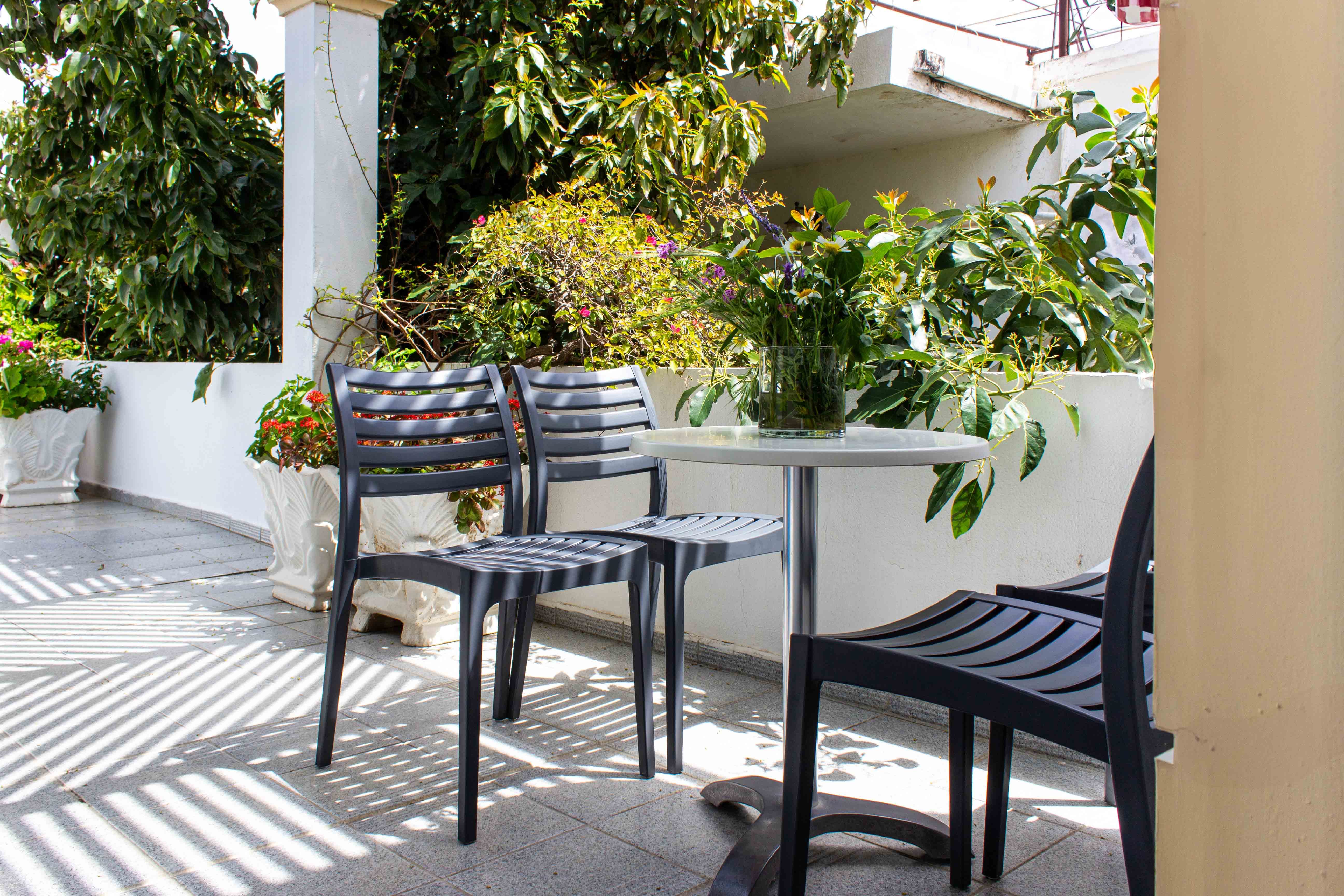 a table and chairs outside
