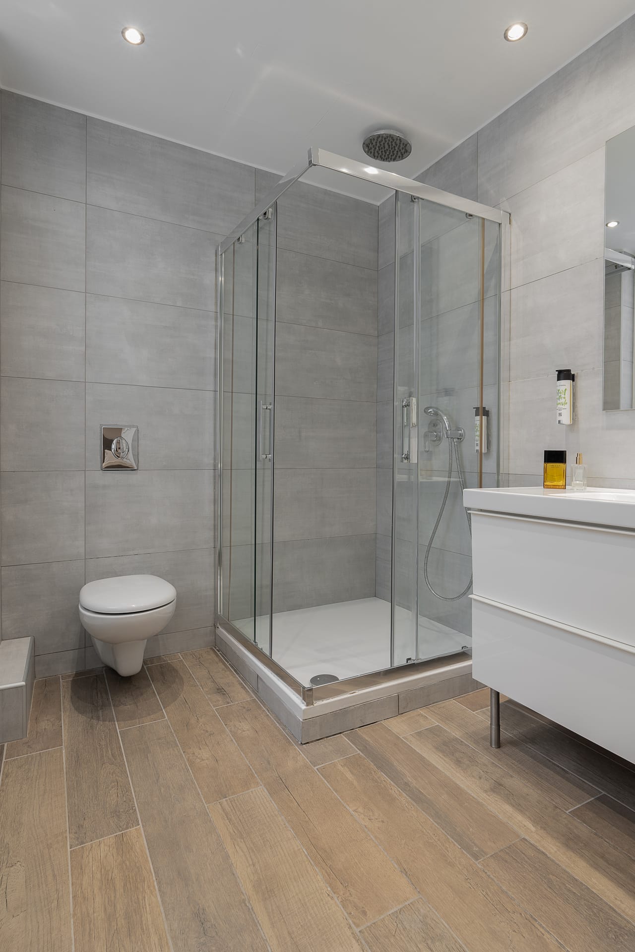 a bathroom with a glass shower