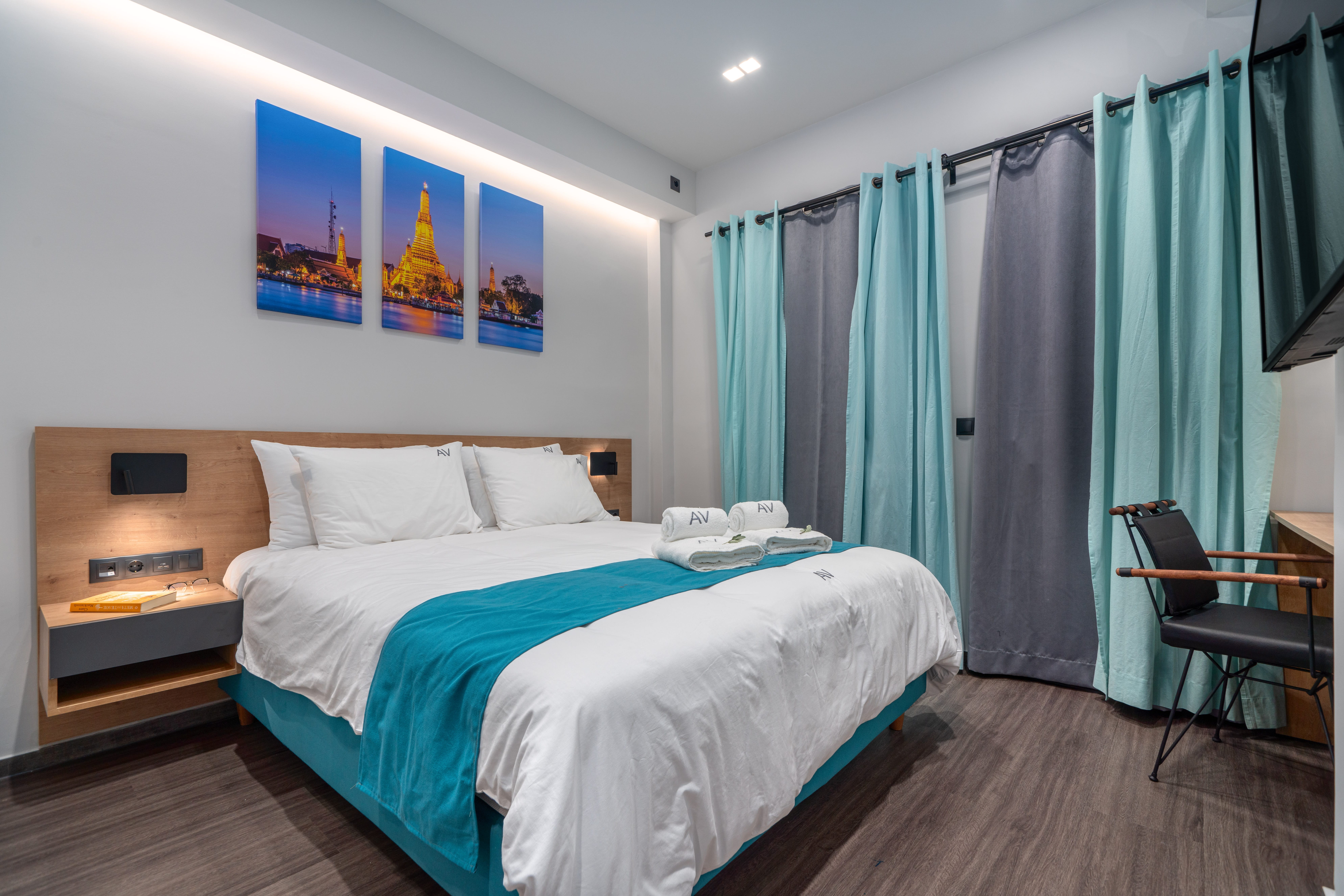 a hotel room with two beds