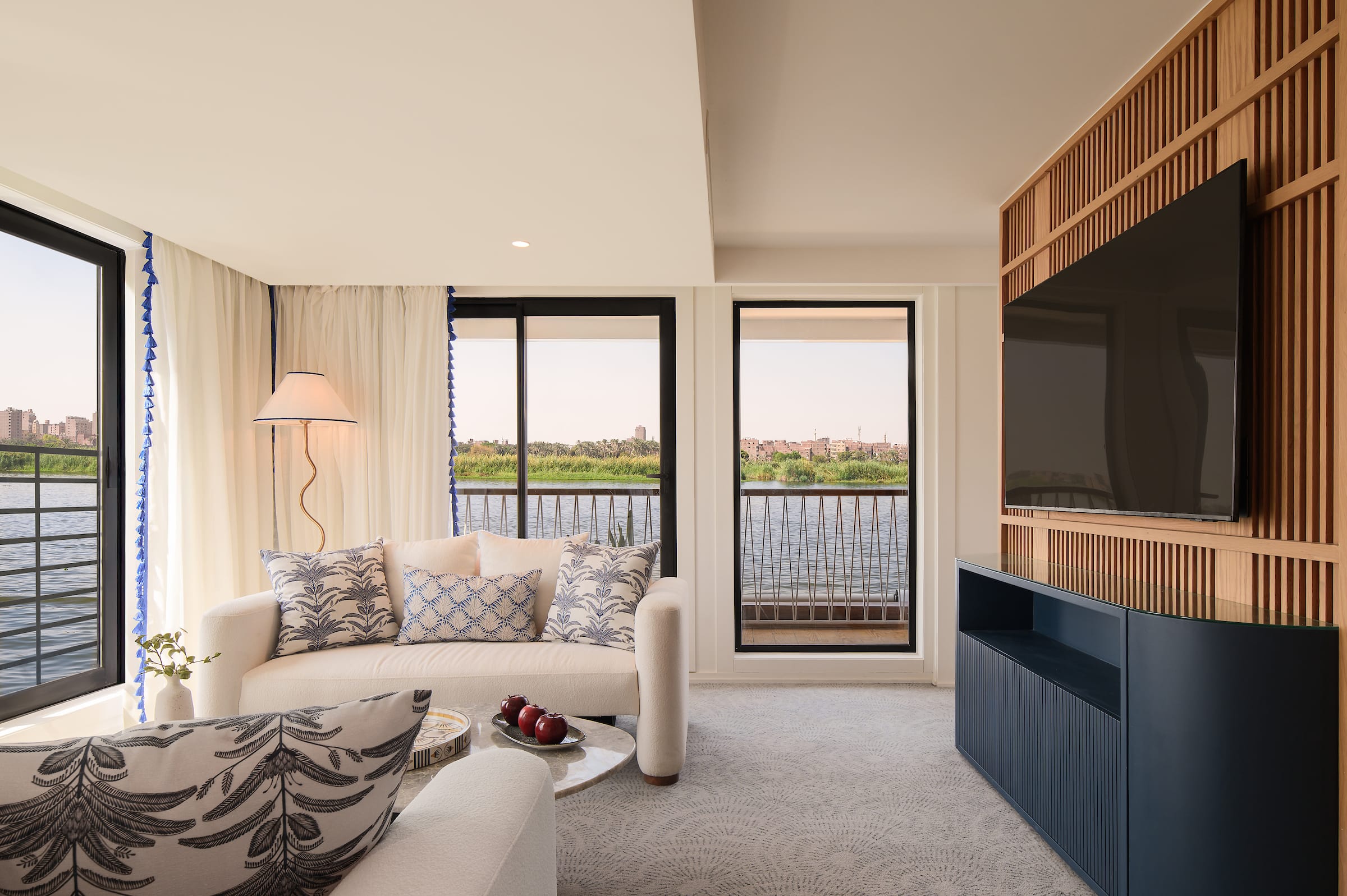 a living room with a large window