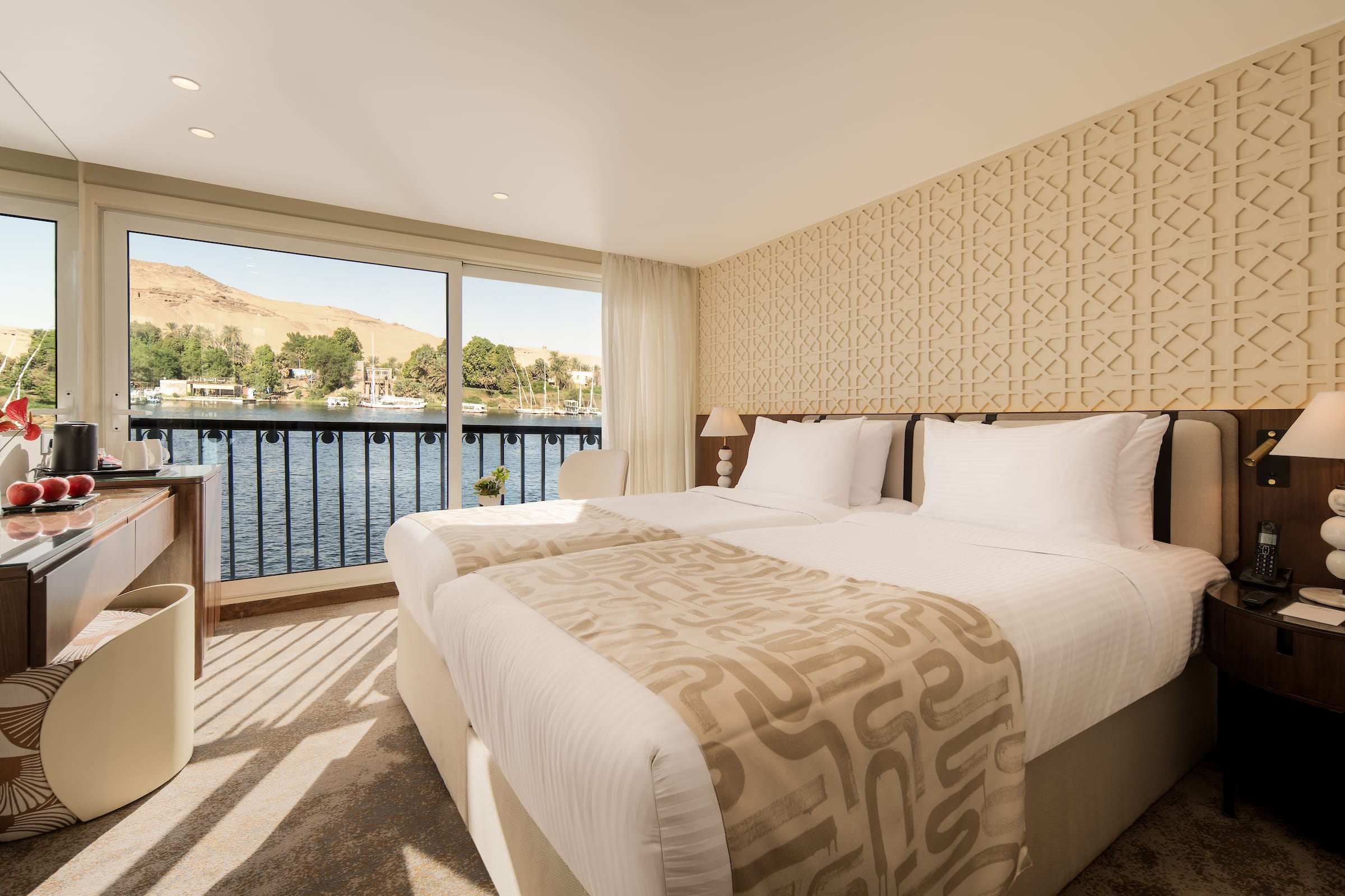 a bedroom with a large window