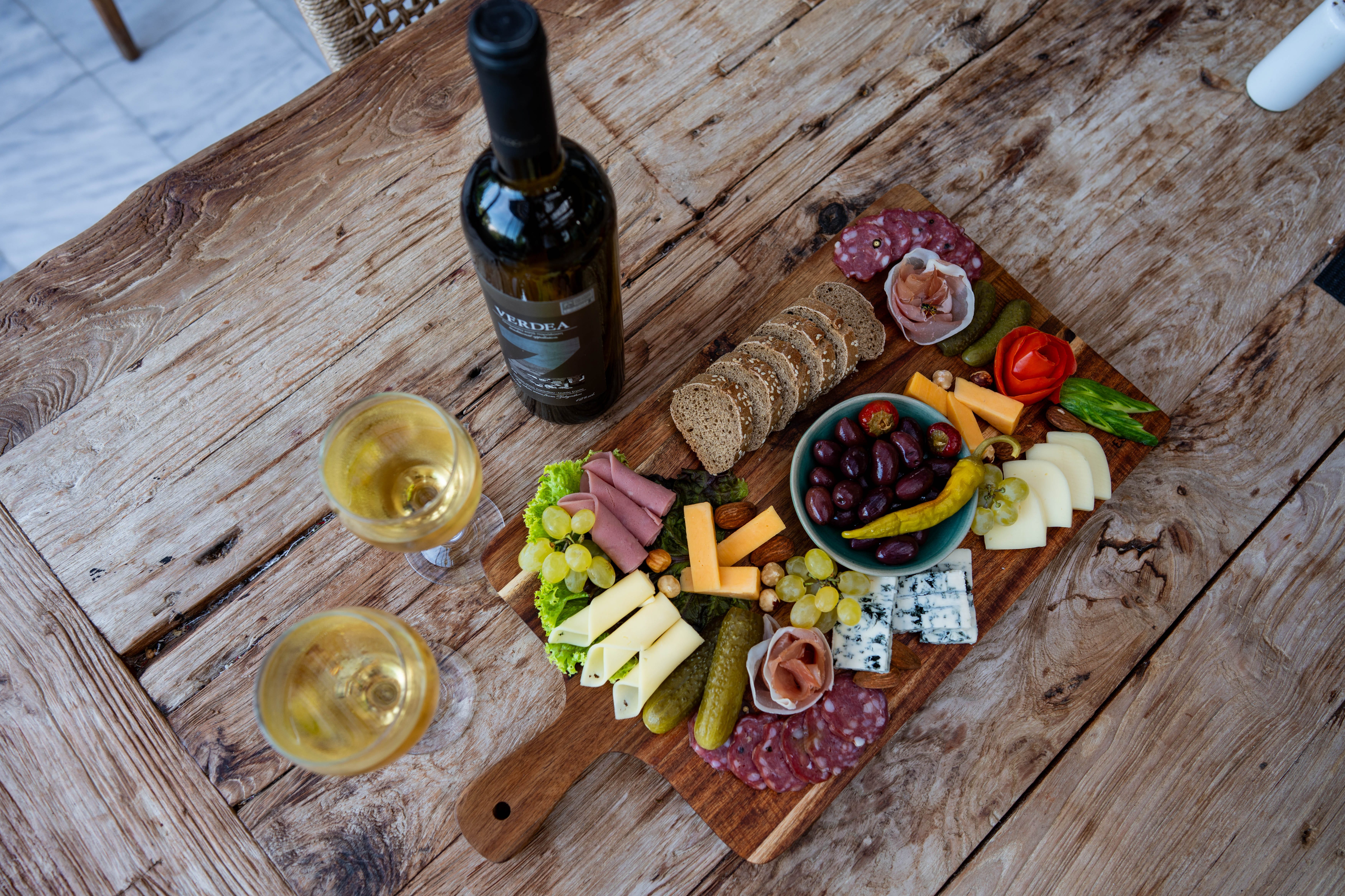 a table with food and drinks on it