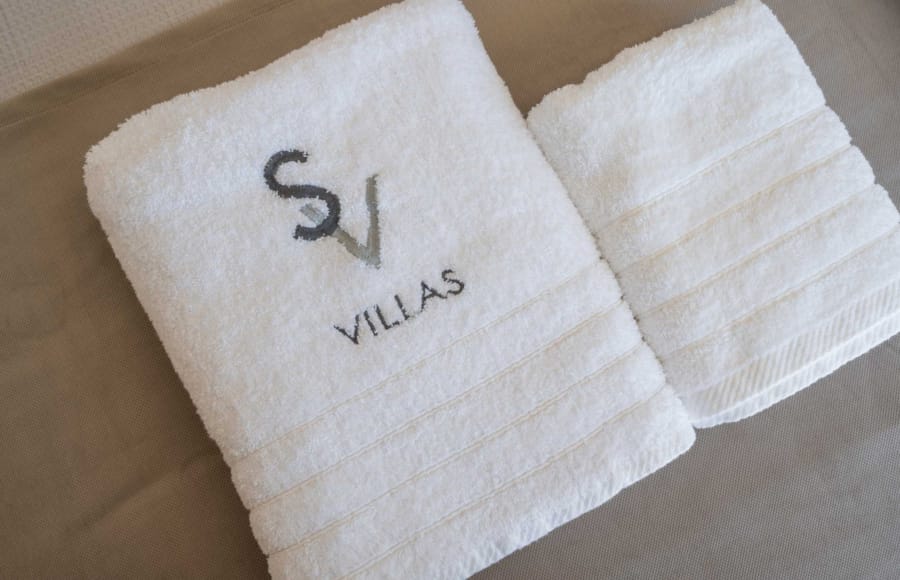 a white towel with black text on it