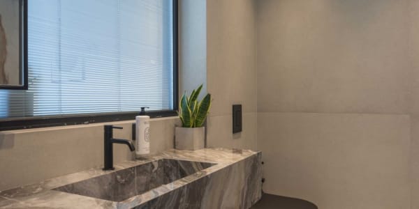 a bathroom with a plant on the counter