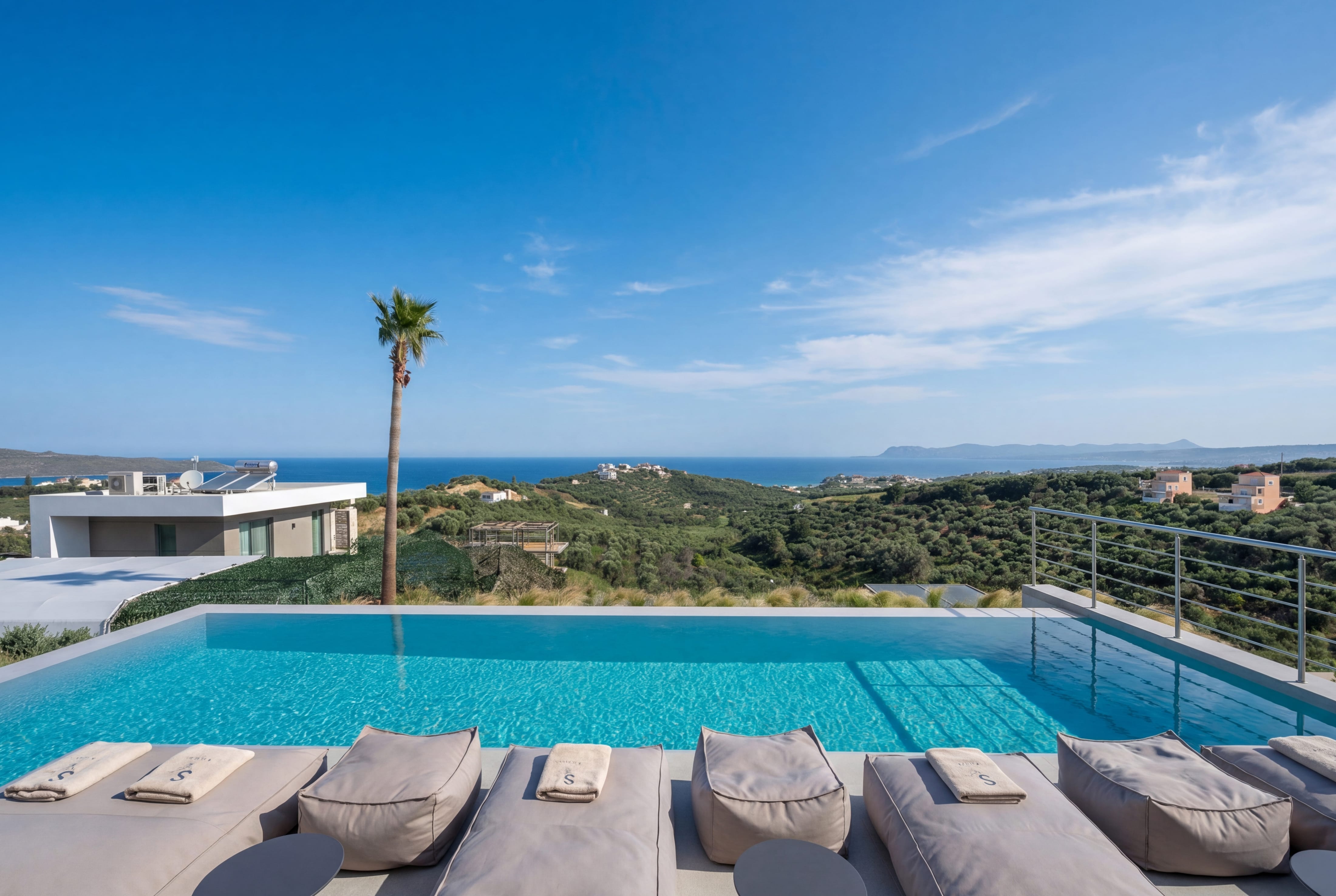 a pool with a view of the ocean and a palm tree