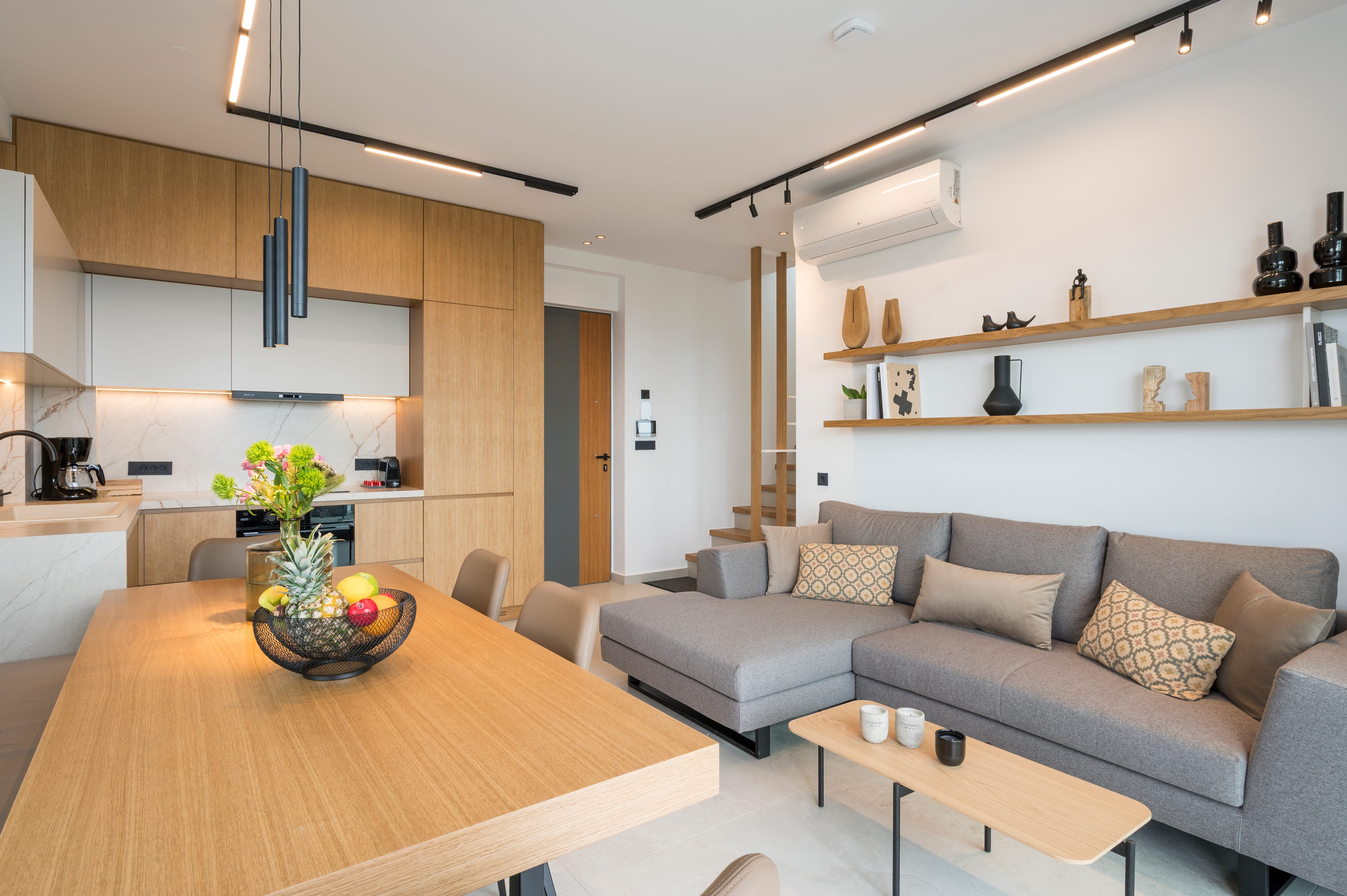a living room with a couch and a table