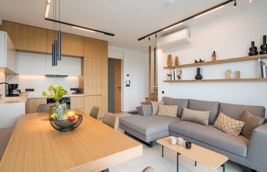 a living room with a couch and a table