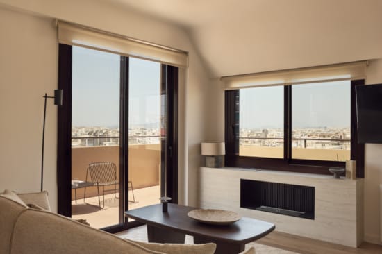 a living room with a fireplace