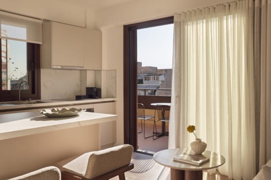 a kitchen with a large window