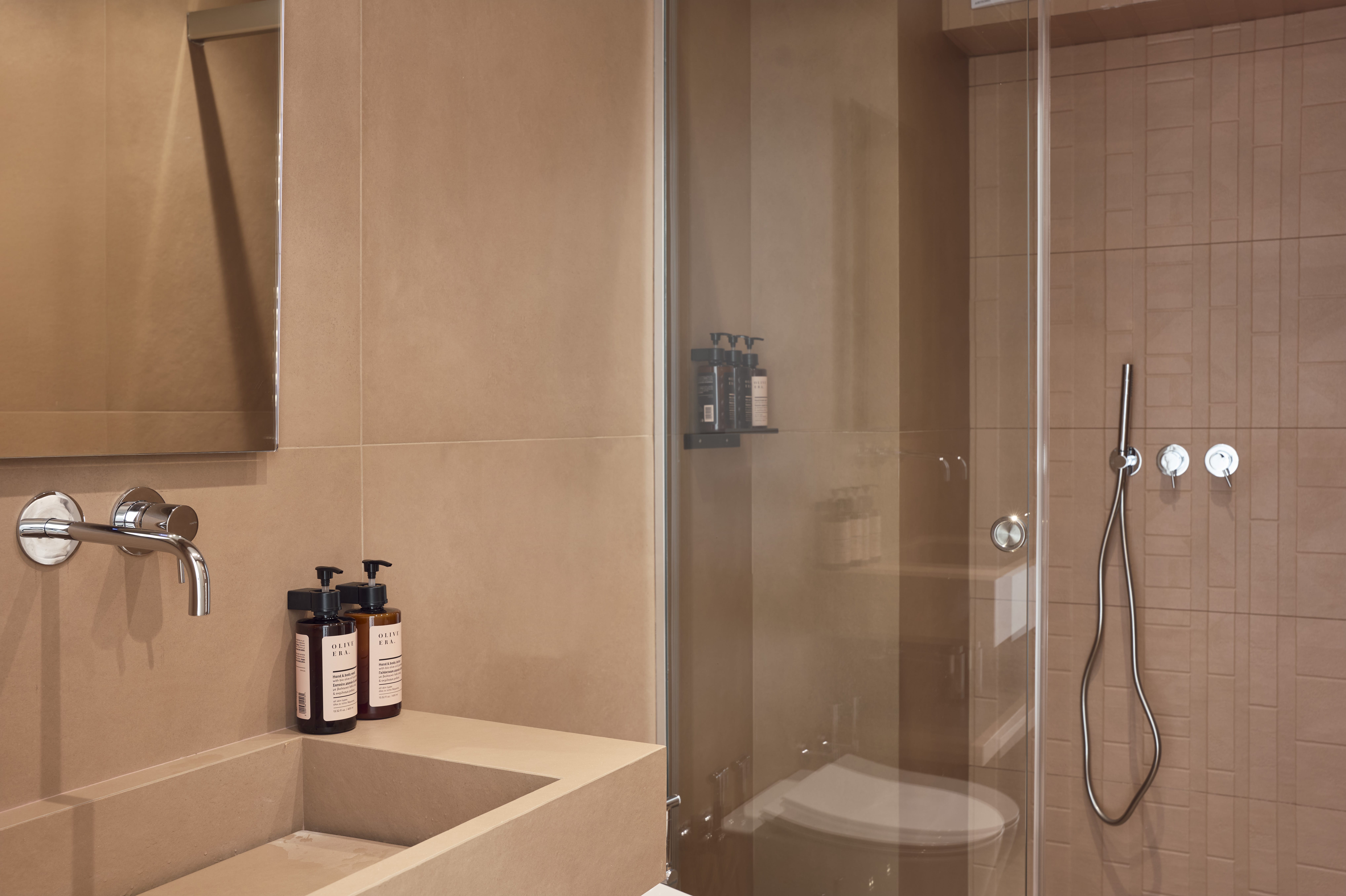 a bathroom with a glass shower