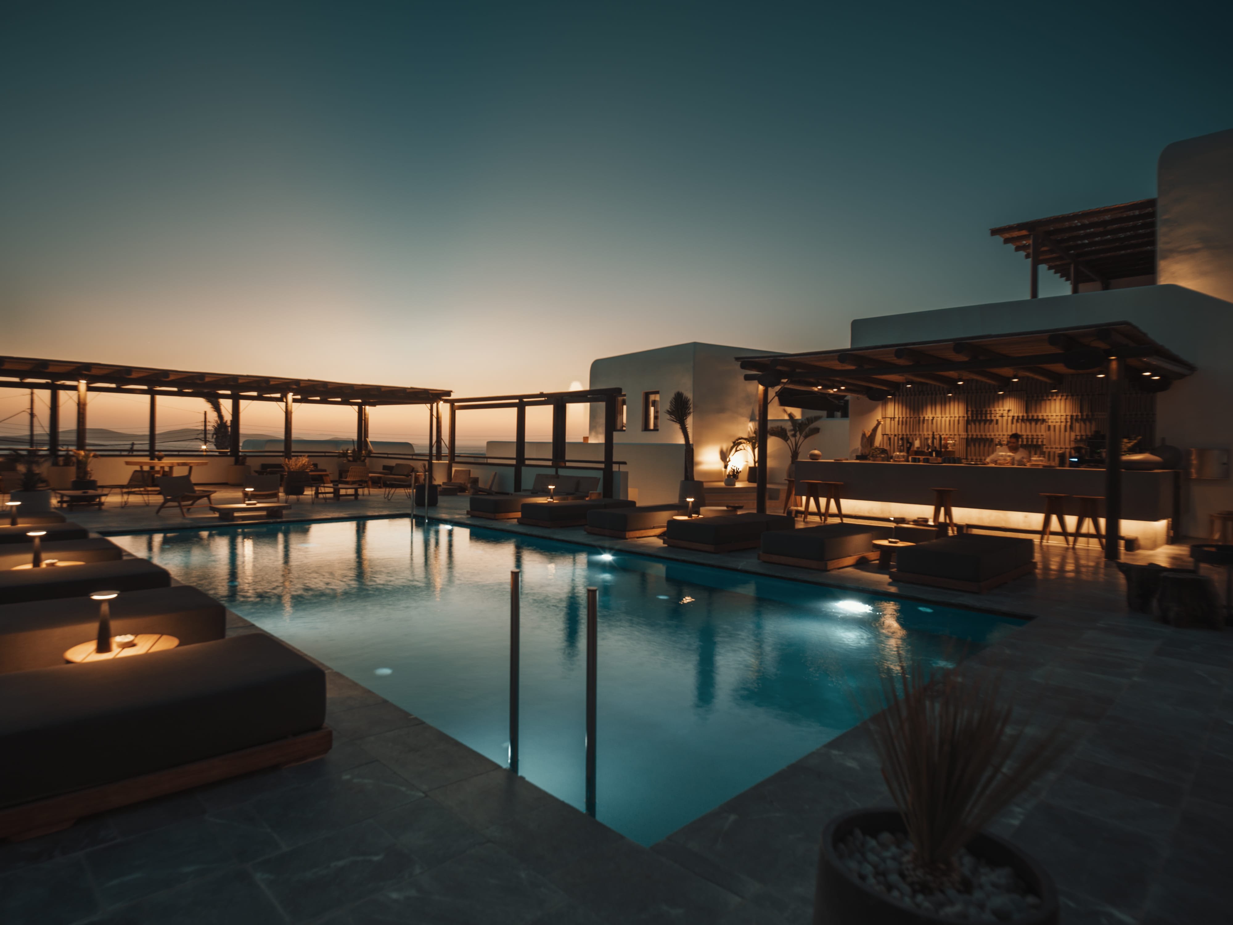 a pool with a building in the background