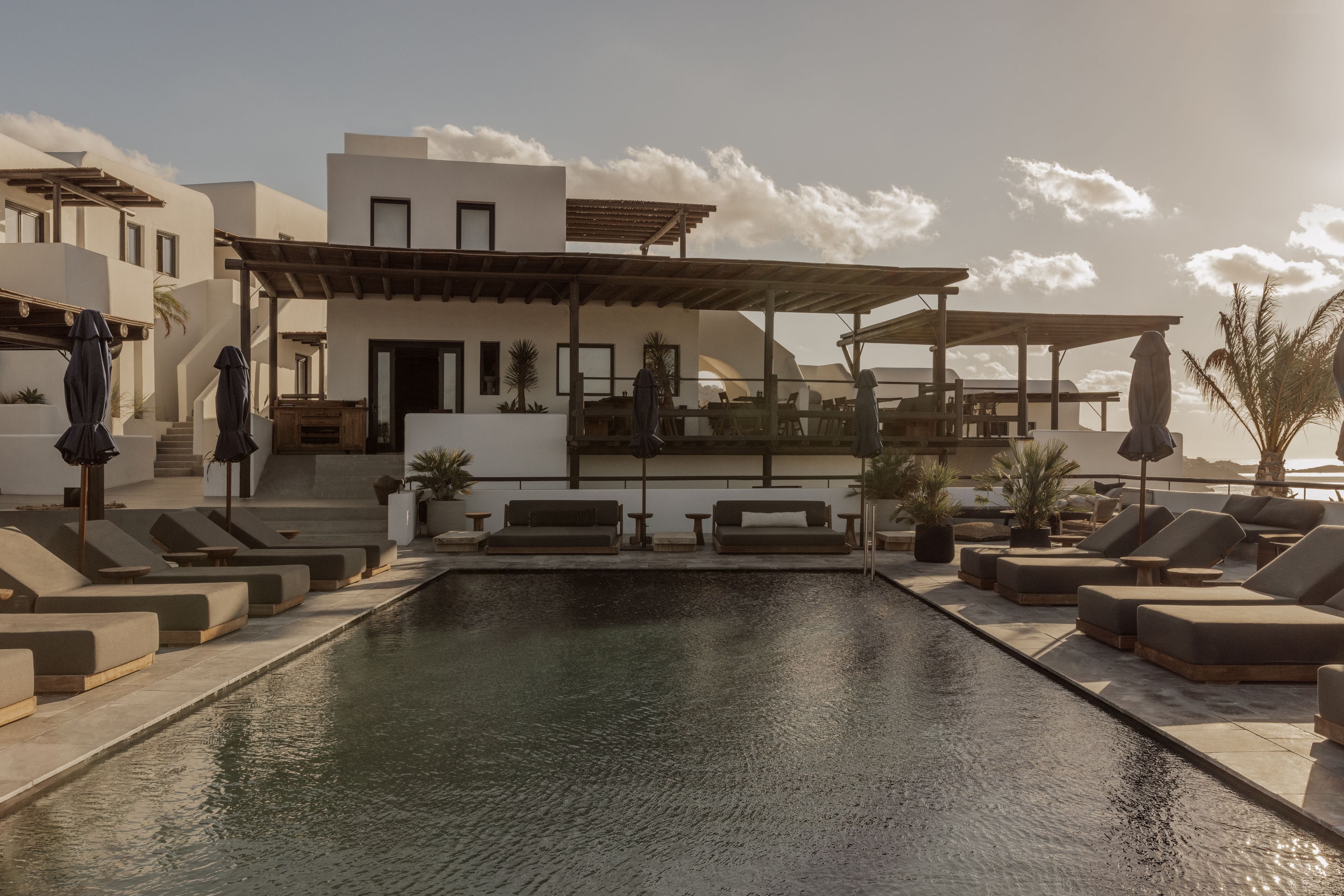 a pool in front of a building