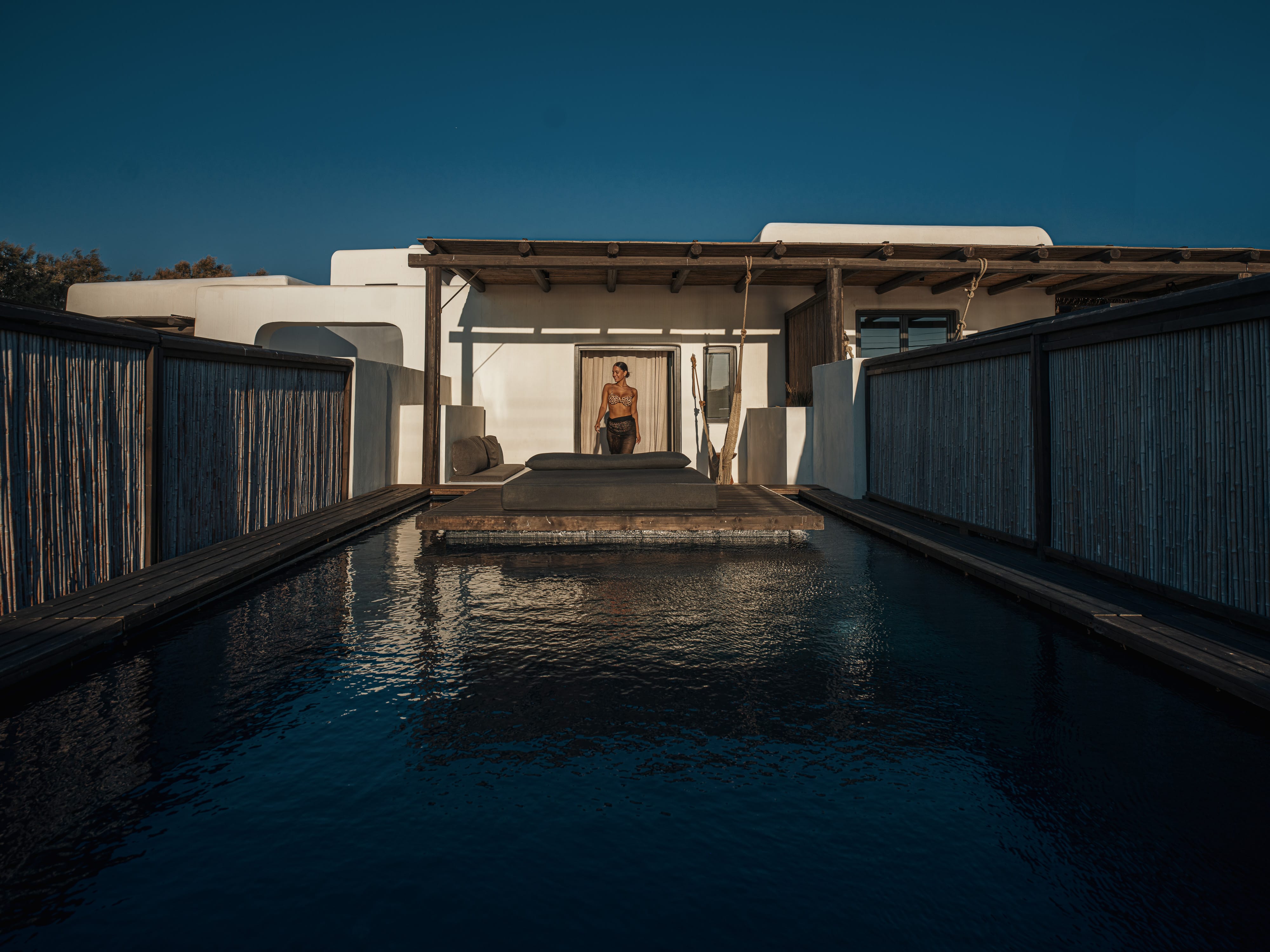 a building with a pool of water