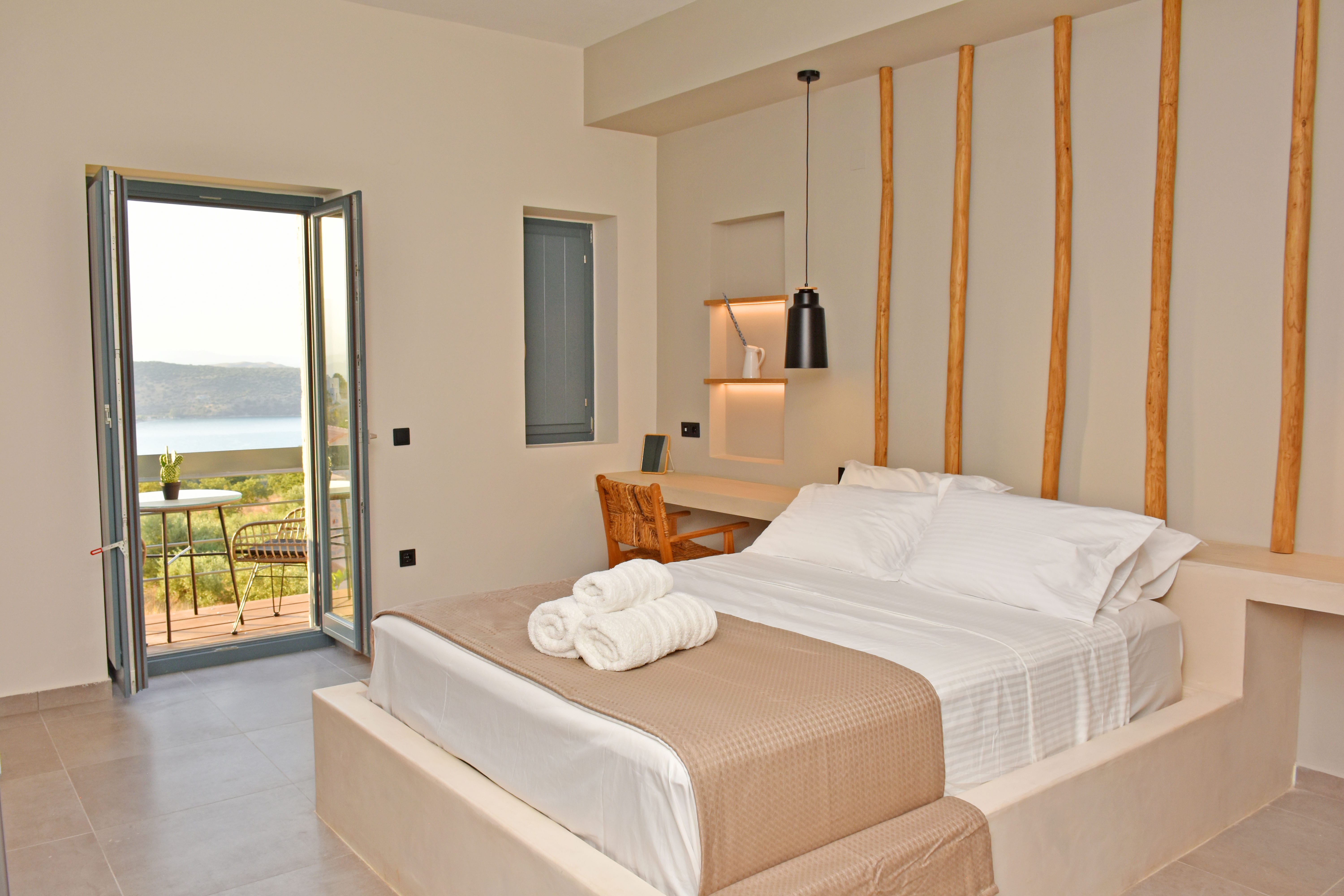 a hotel room with two beds