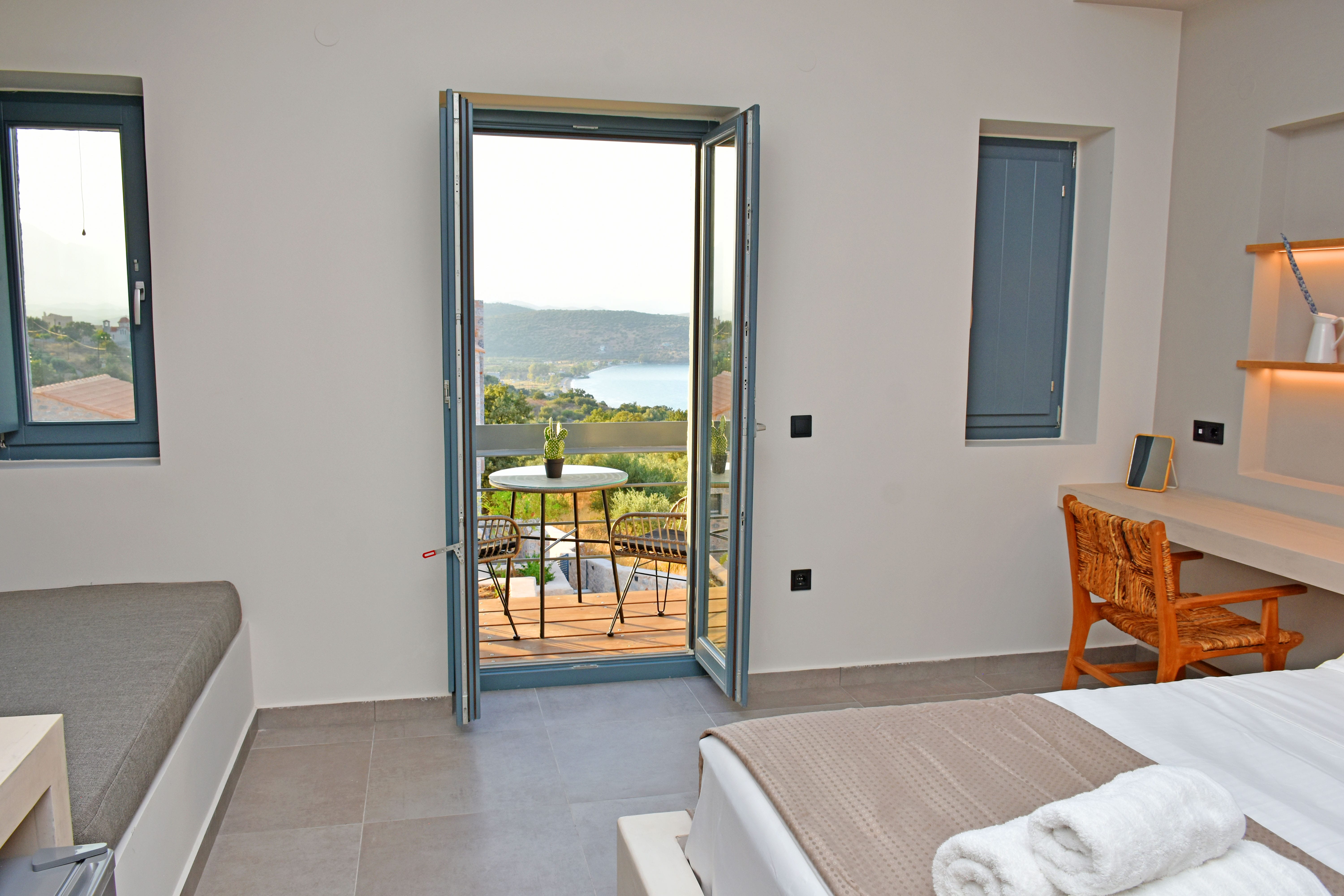 a room with a glass door