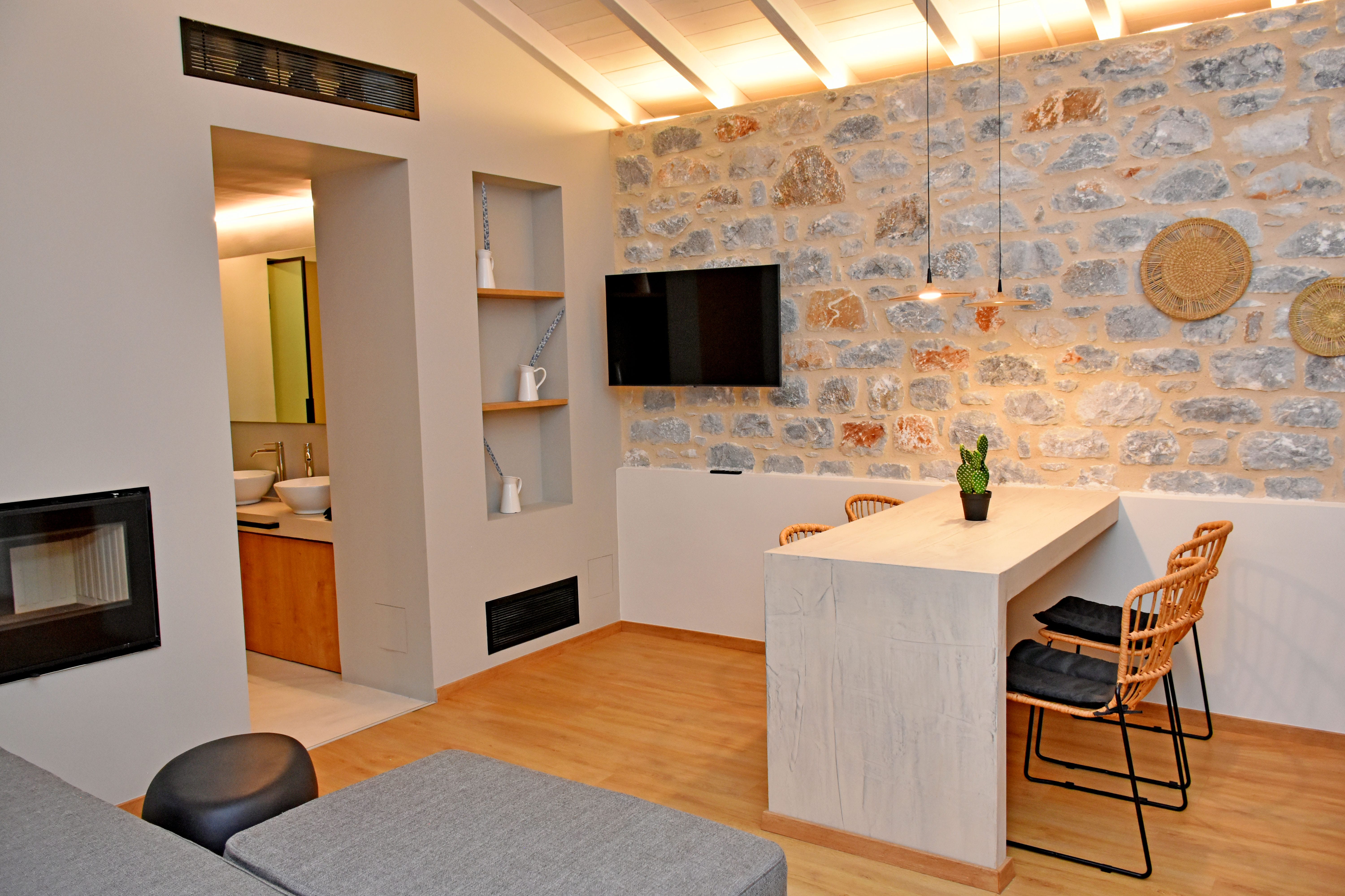 a room with a table and chairs