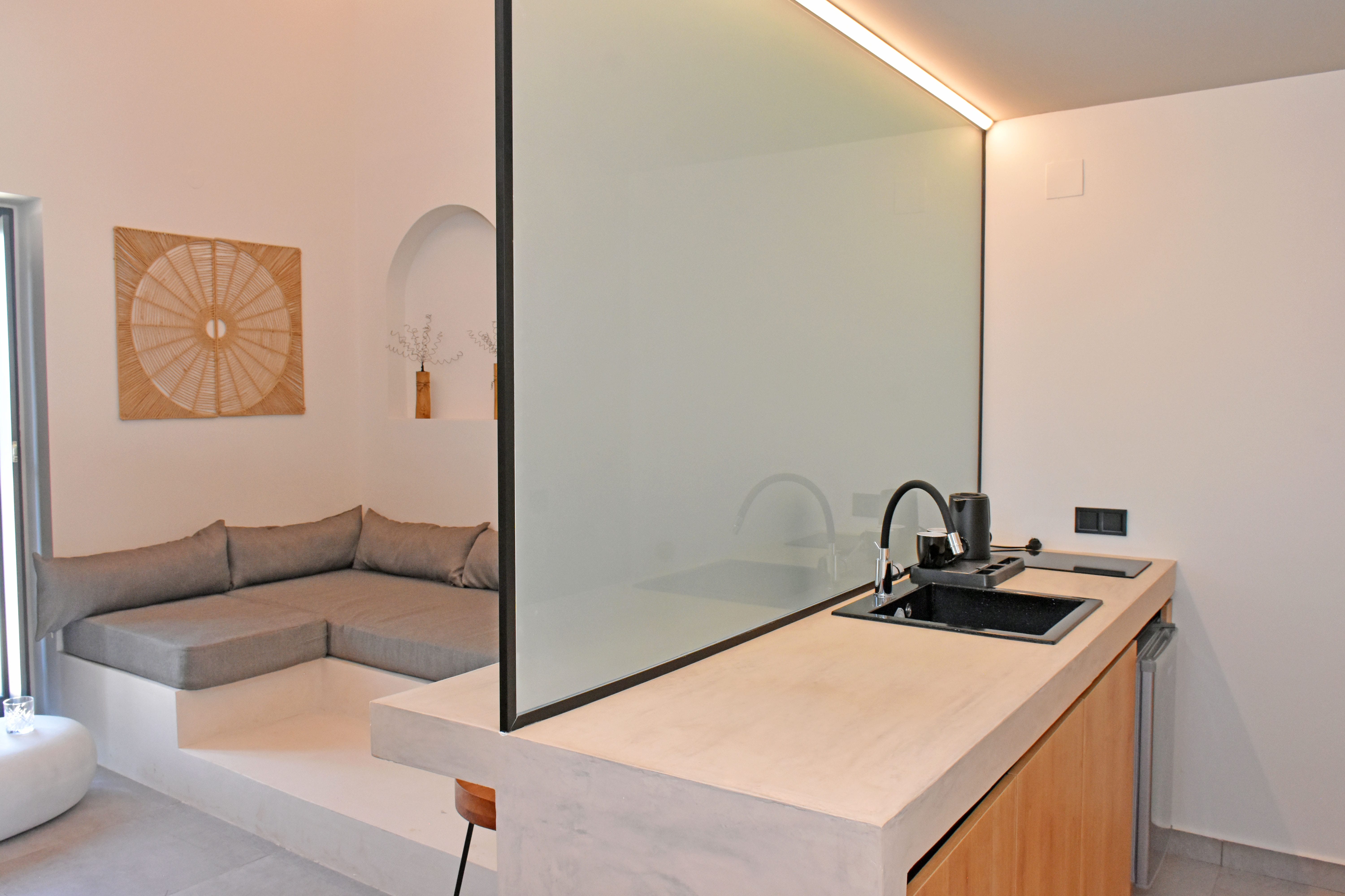 a bathroom with a large mirror