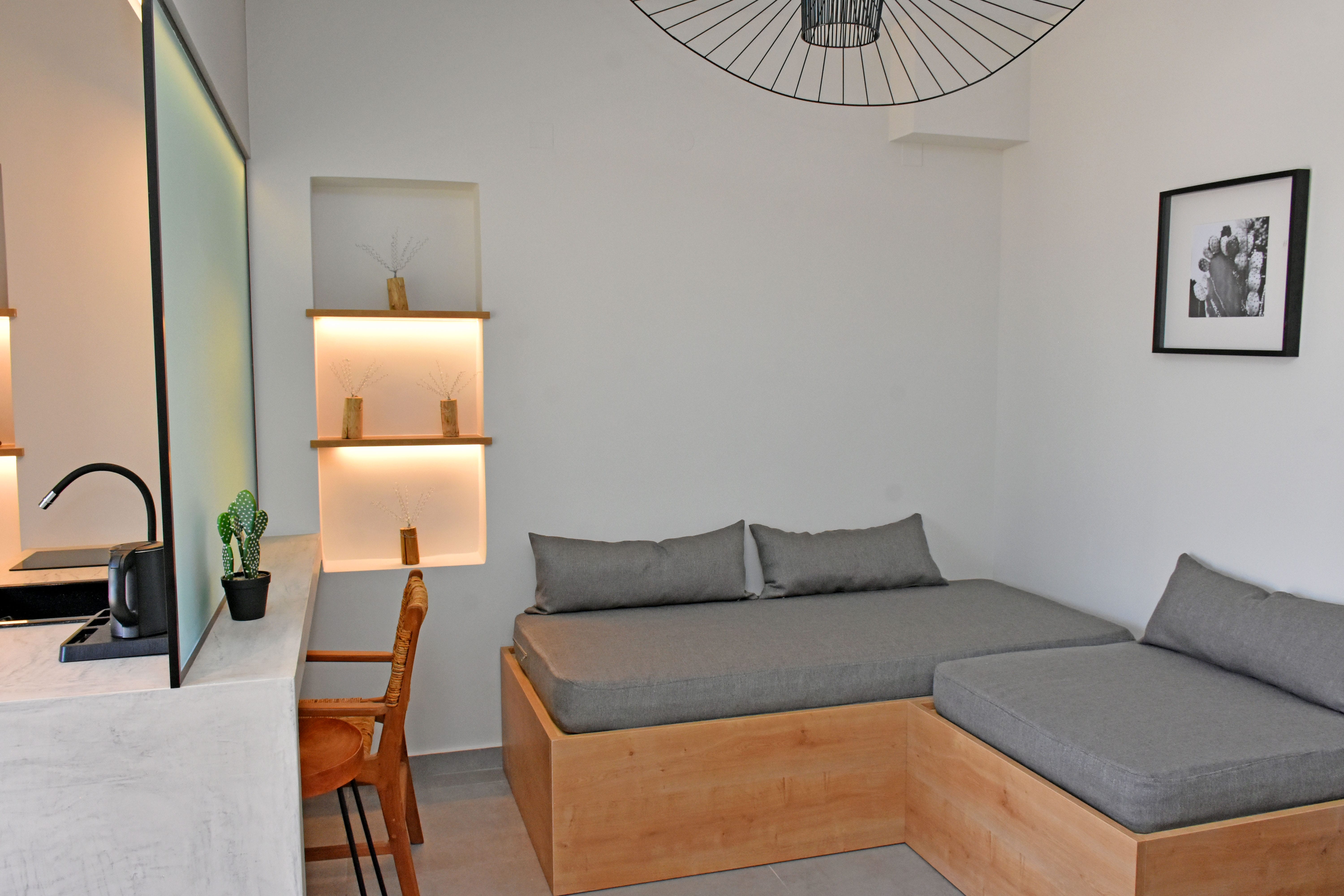 a room with a couch and a table