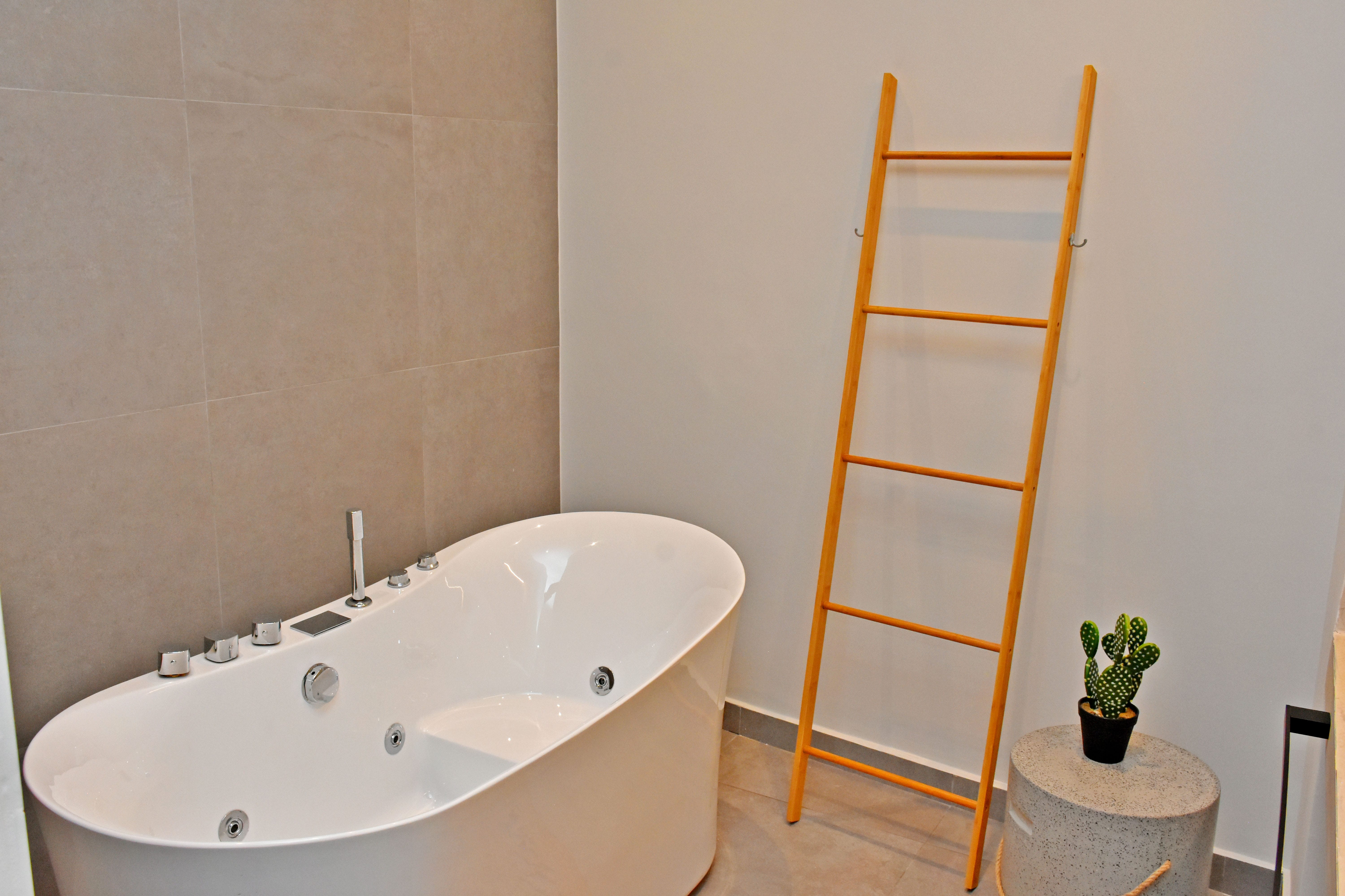 a white bathtub with a ladder