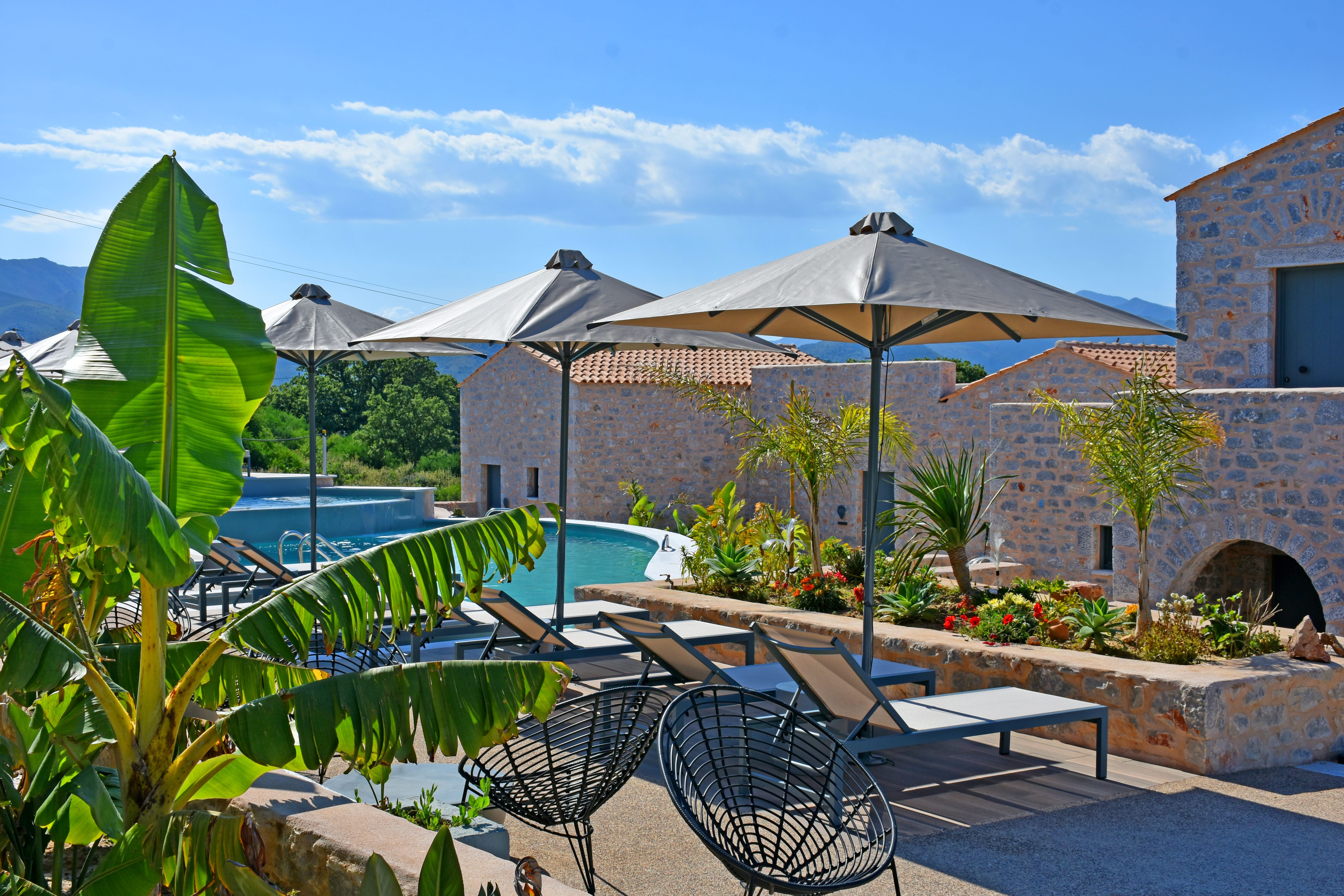 a pool with umbrellas and chairs