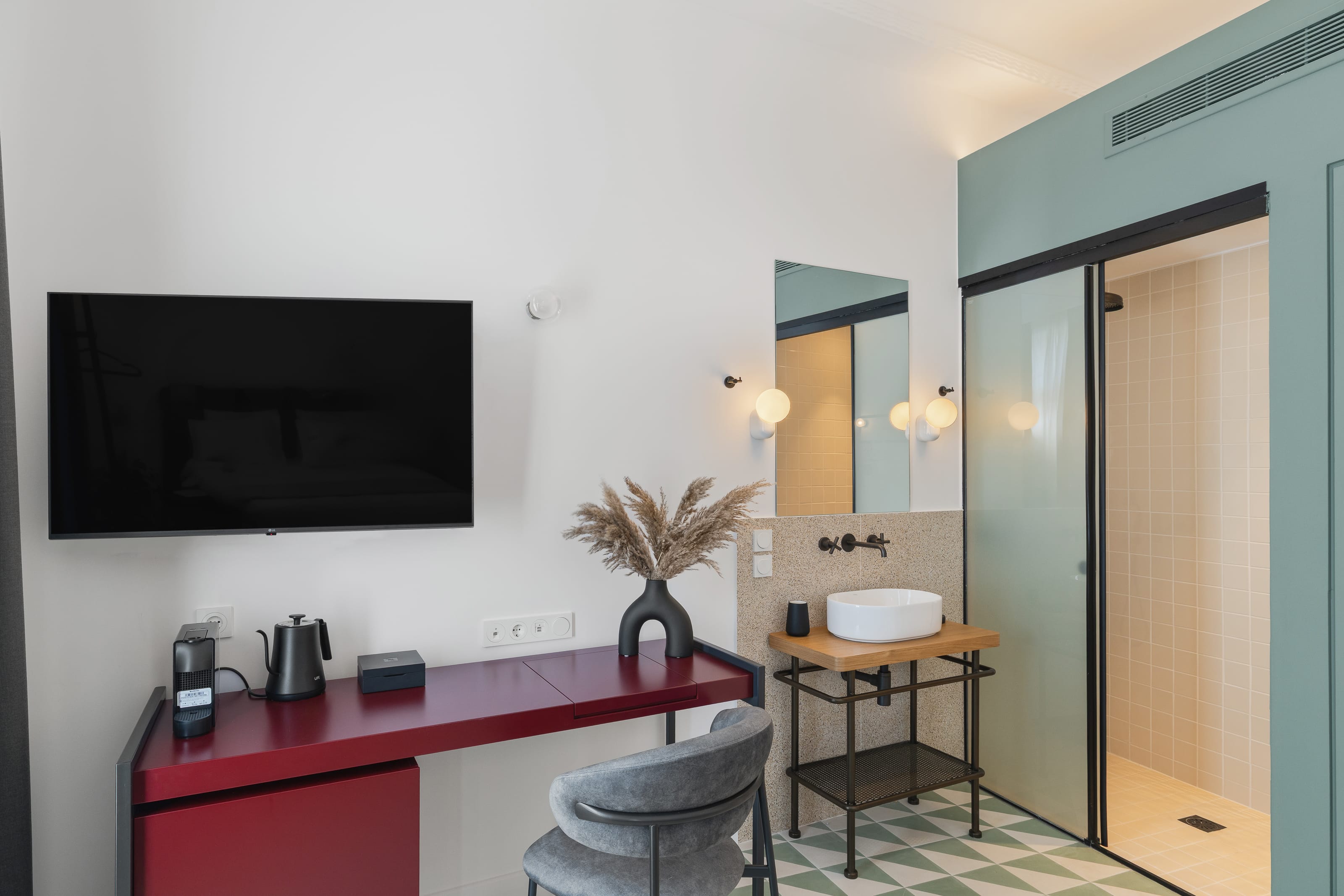 a room with a tv and a table