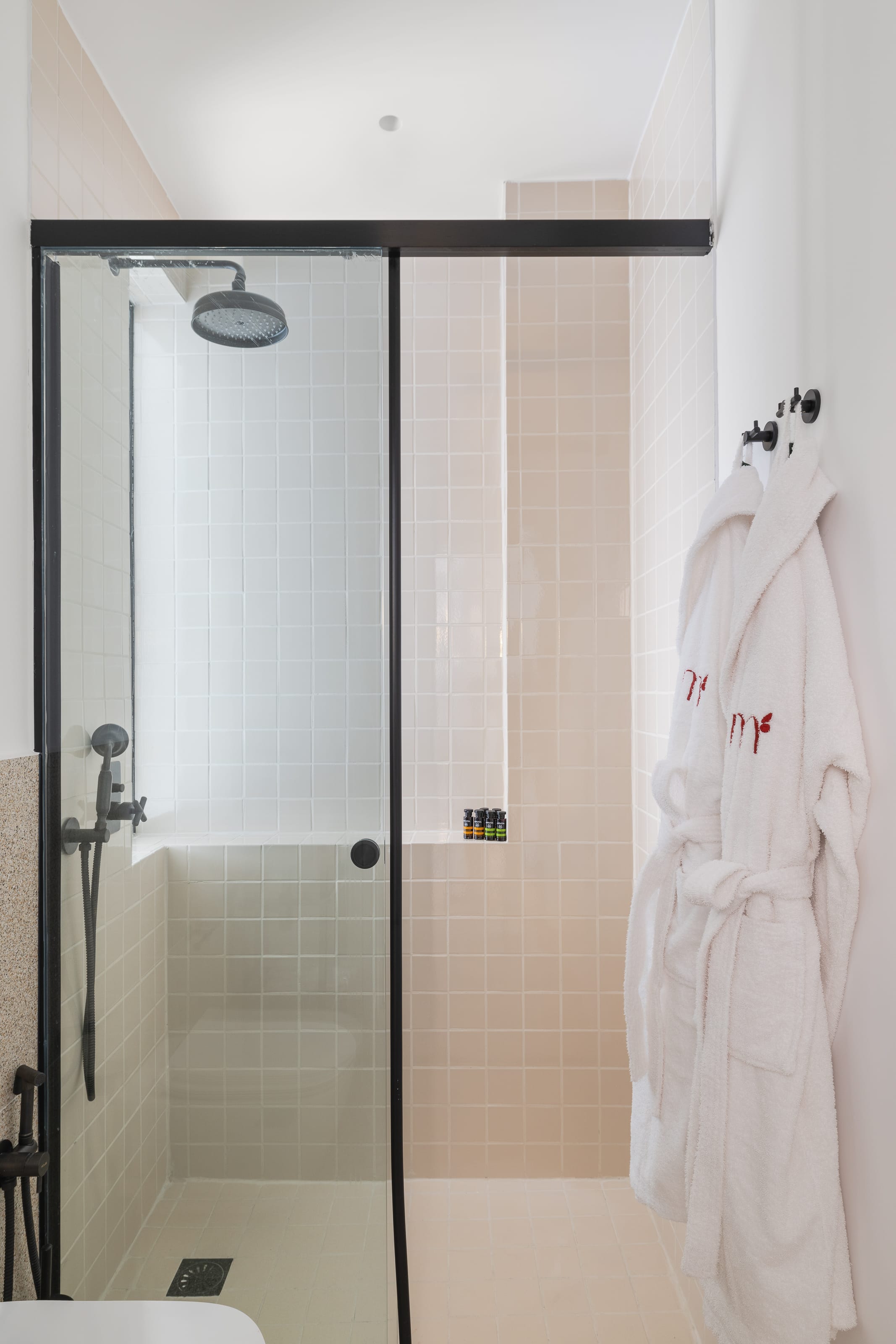 a shower with a glass door