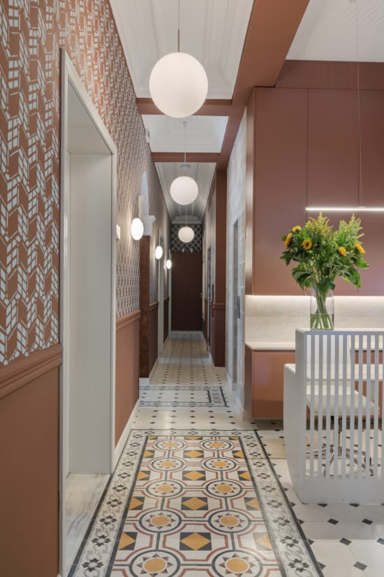 a room with a table and chairs