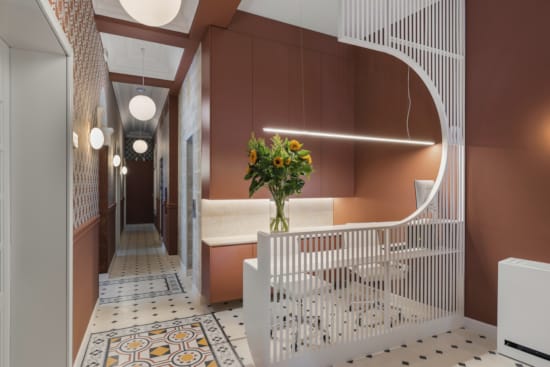 a staircase with a flower on it