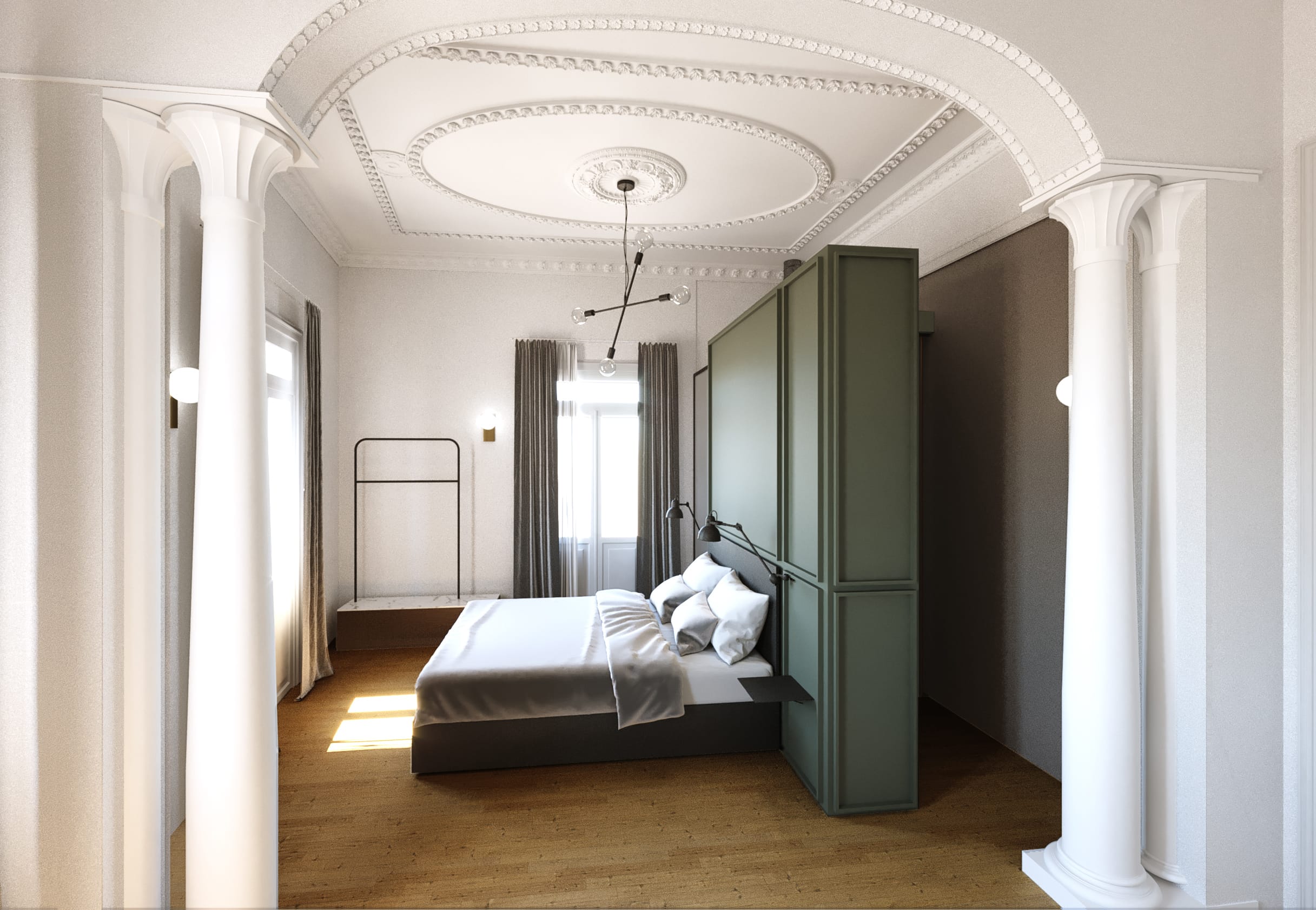 a bedroom with a large mirror