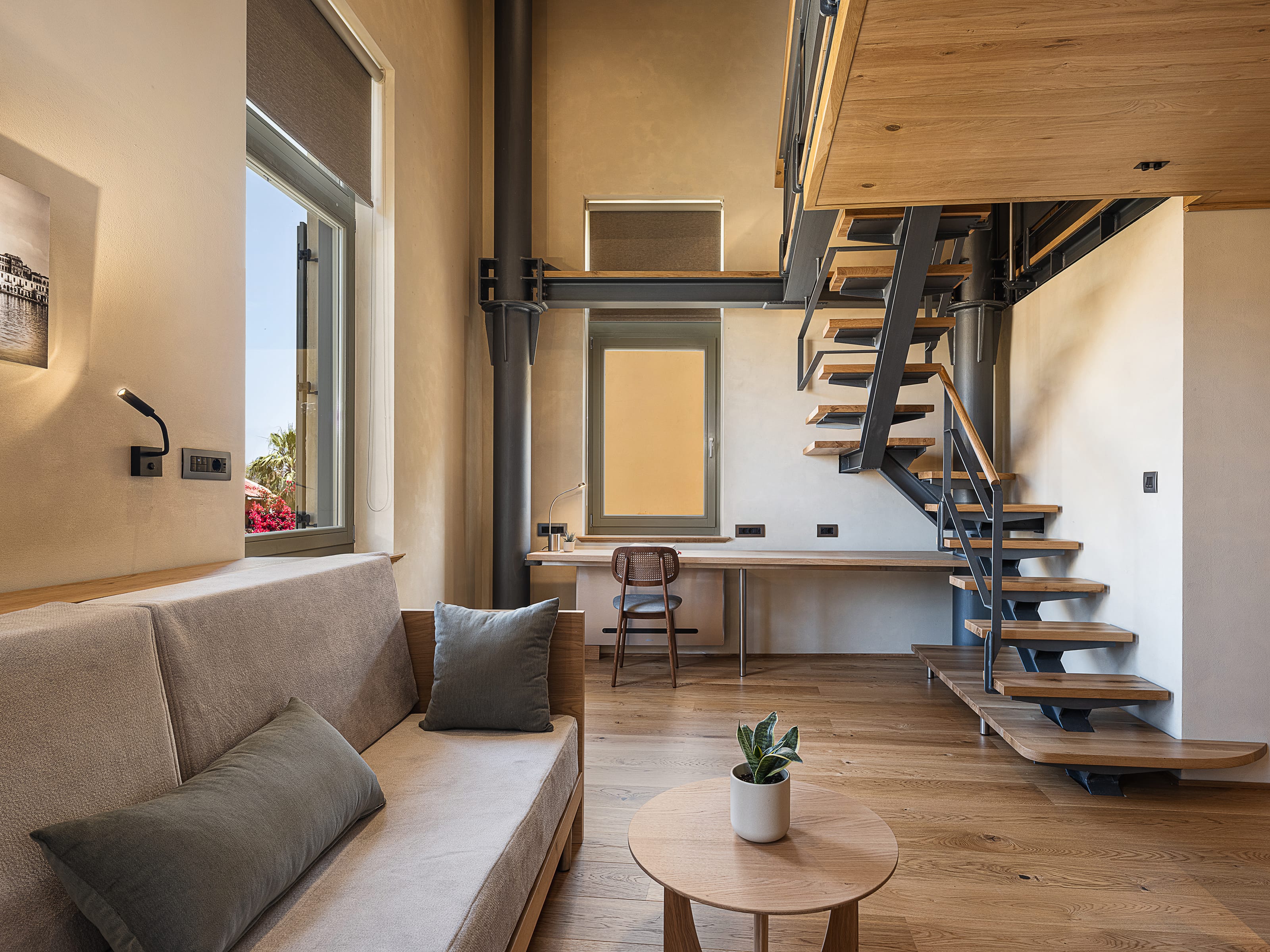 a living room with a staircase