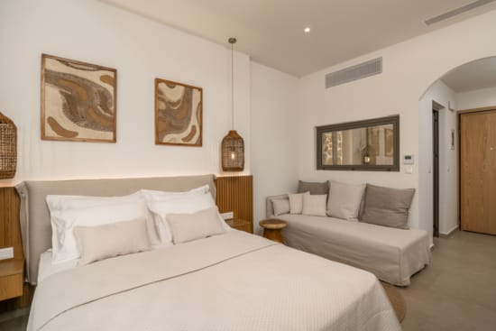 a bedroom with a bed and a couch