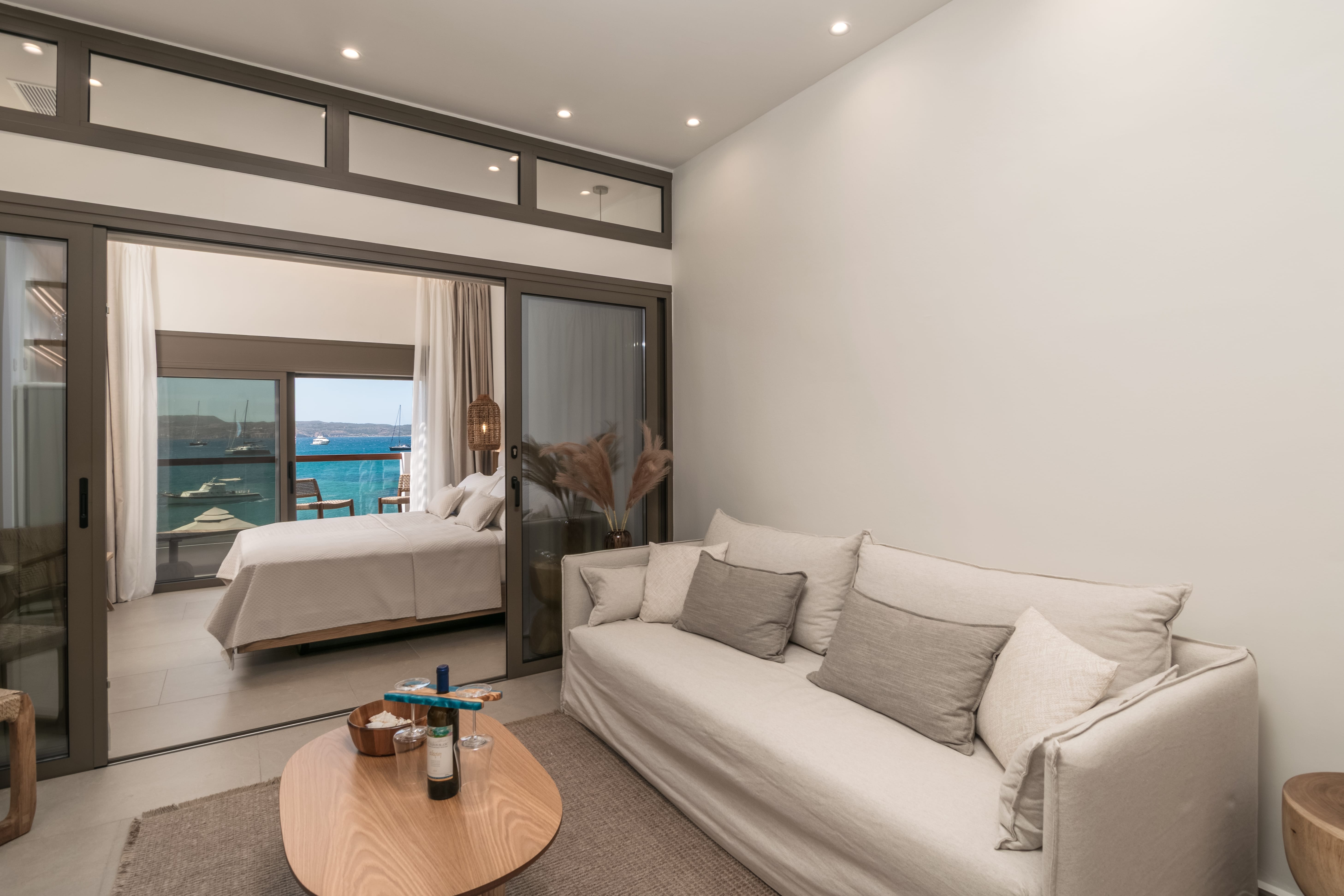 a living room with a large glass door