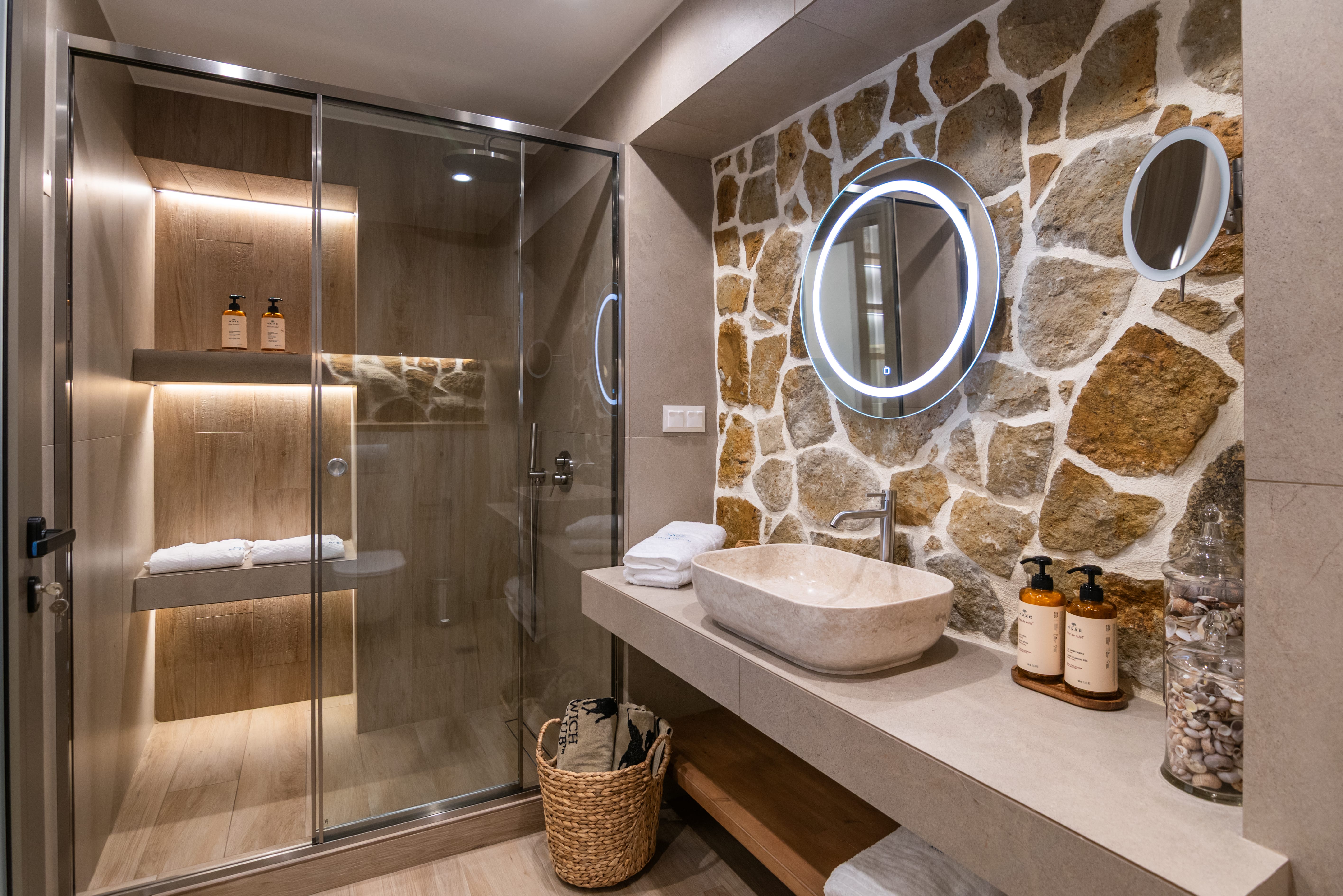a bathroom with a large mirror
