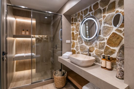 a bathroom with a large mirror