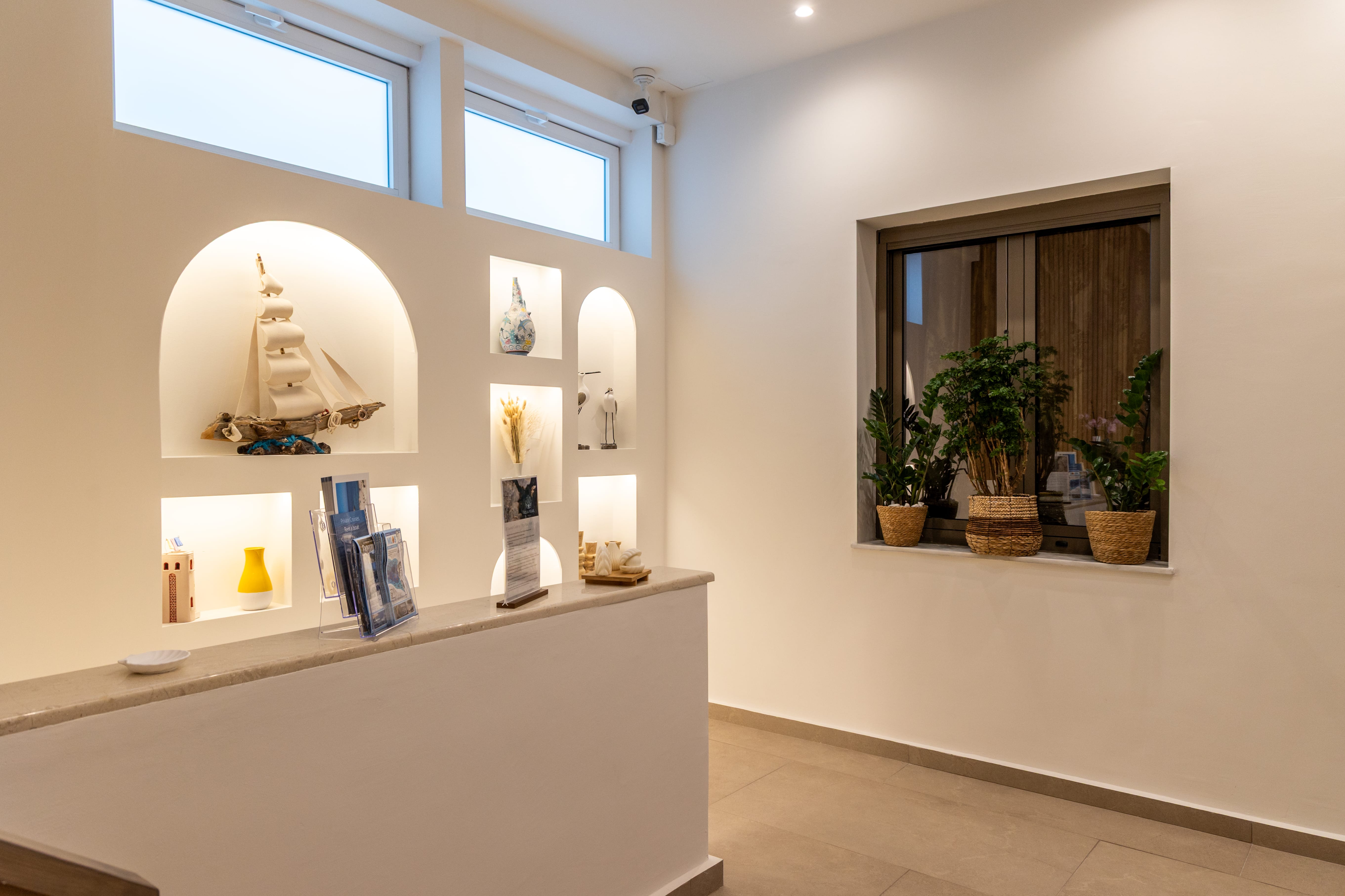 a room with a mirror and a counter with plants on it