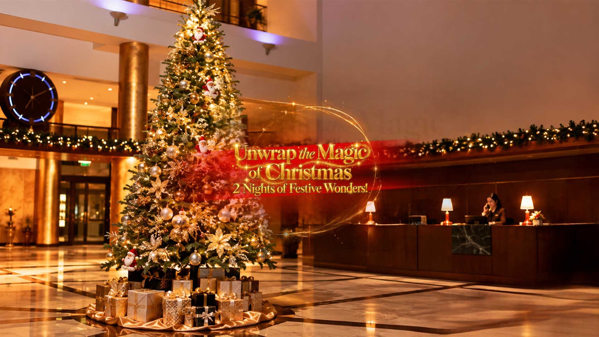 a christmas tree with presents in front of a large building